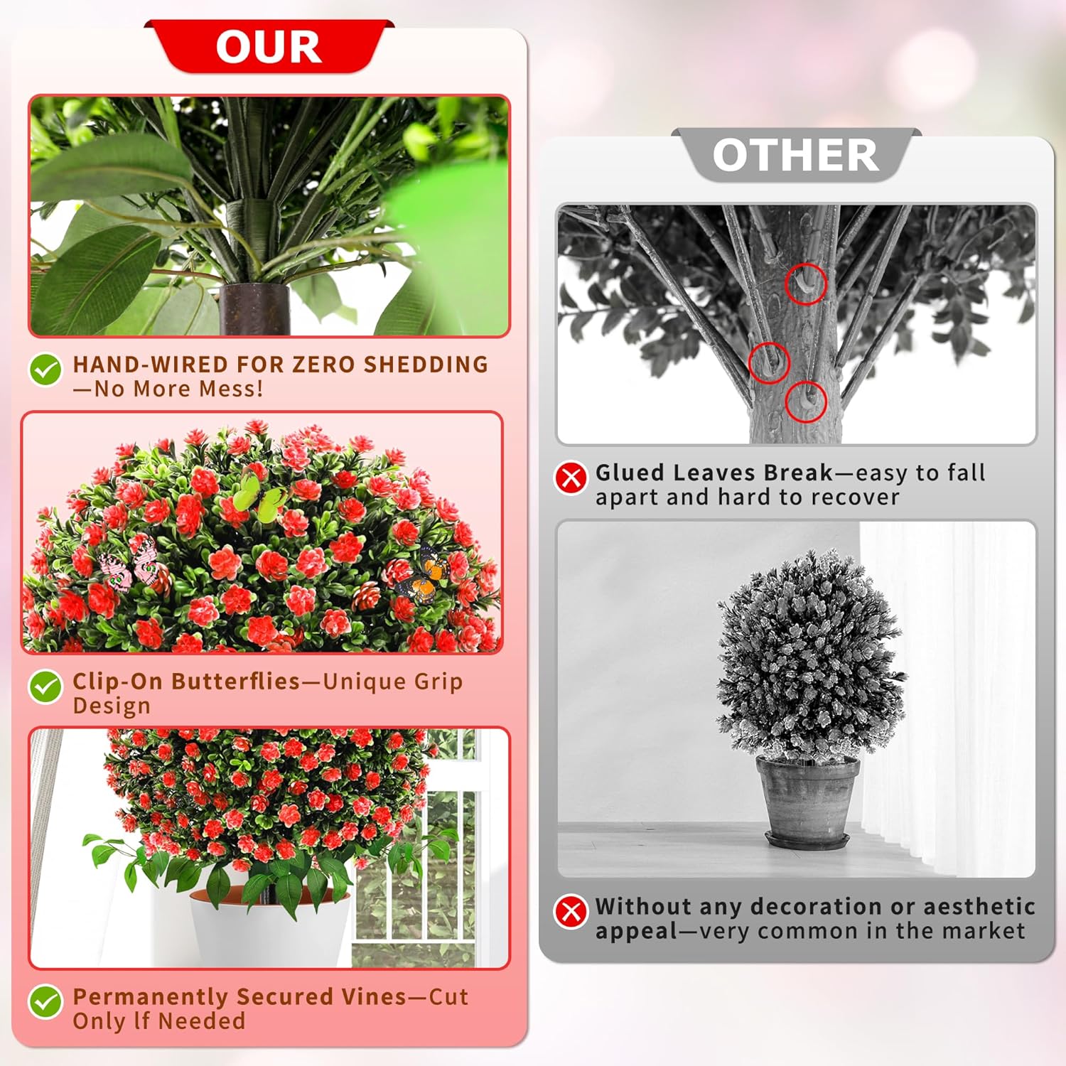 28" Artificial Boxwood Topiary Trees with Roses, 4 Pack Lifelike Evergreen Shrubs Featuring Ground Spike, Artificial Plants UV Protected for Year-Round Beauty in Indoor Outdoor Gardens and Porches - Image 6