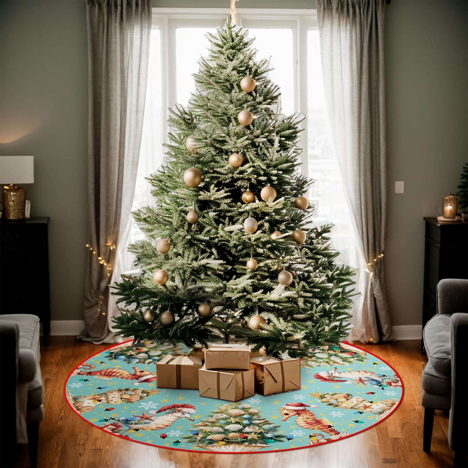 Christmas Tree Skirt Coastal Christmas Decor Beach Xmas Tree Mat 48 Inch Winter Christmas Decorations for Home