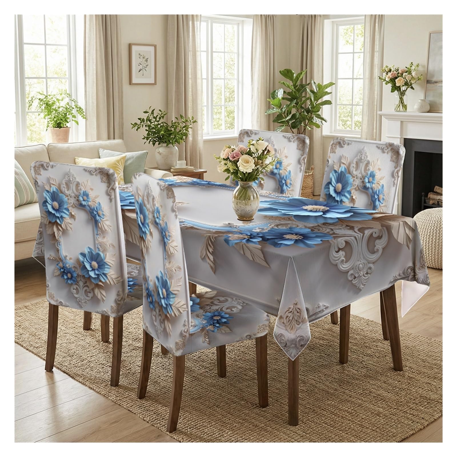 KXUAUV Blue Floral Baroque Print Tablecloth & Chair Covers Set, Slipcovers For Dining Room, Kitchen, Luxury & Elegant Decor, 5/7 Pack Party Decor(5pcs Set: Tablecloth+Chair Covers)