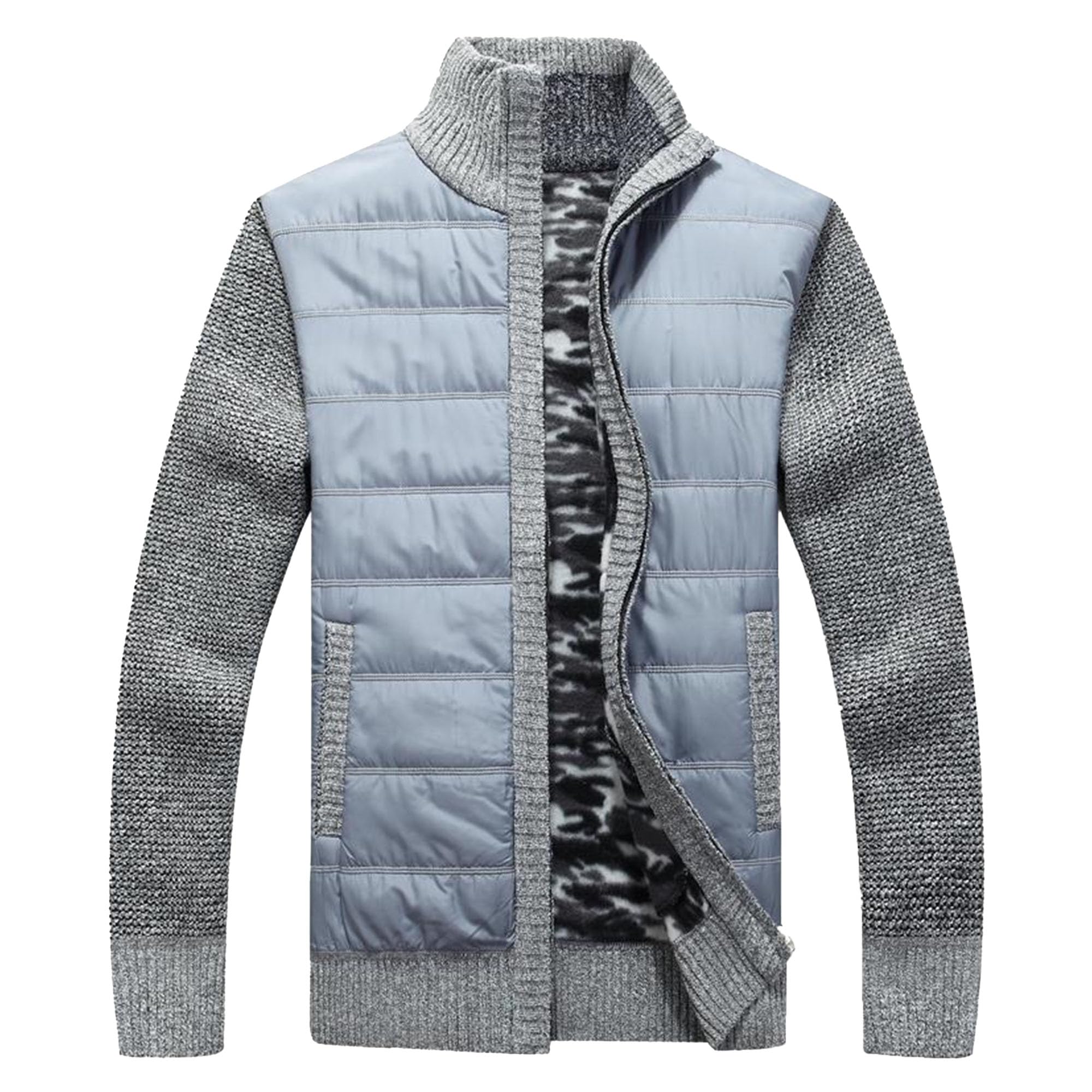 JEKE-DG Men's Full Zip Knitted Cardigan Sweater Casual Slim Thick Outwear Stand Collar Fleece Lined Warm Sweatshirts (Large,Light Gray 1)