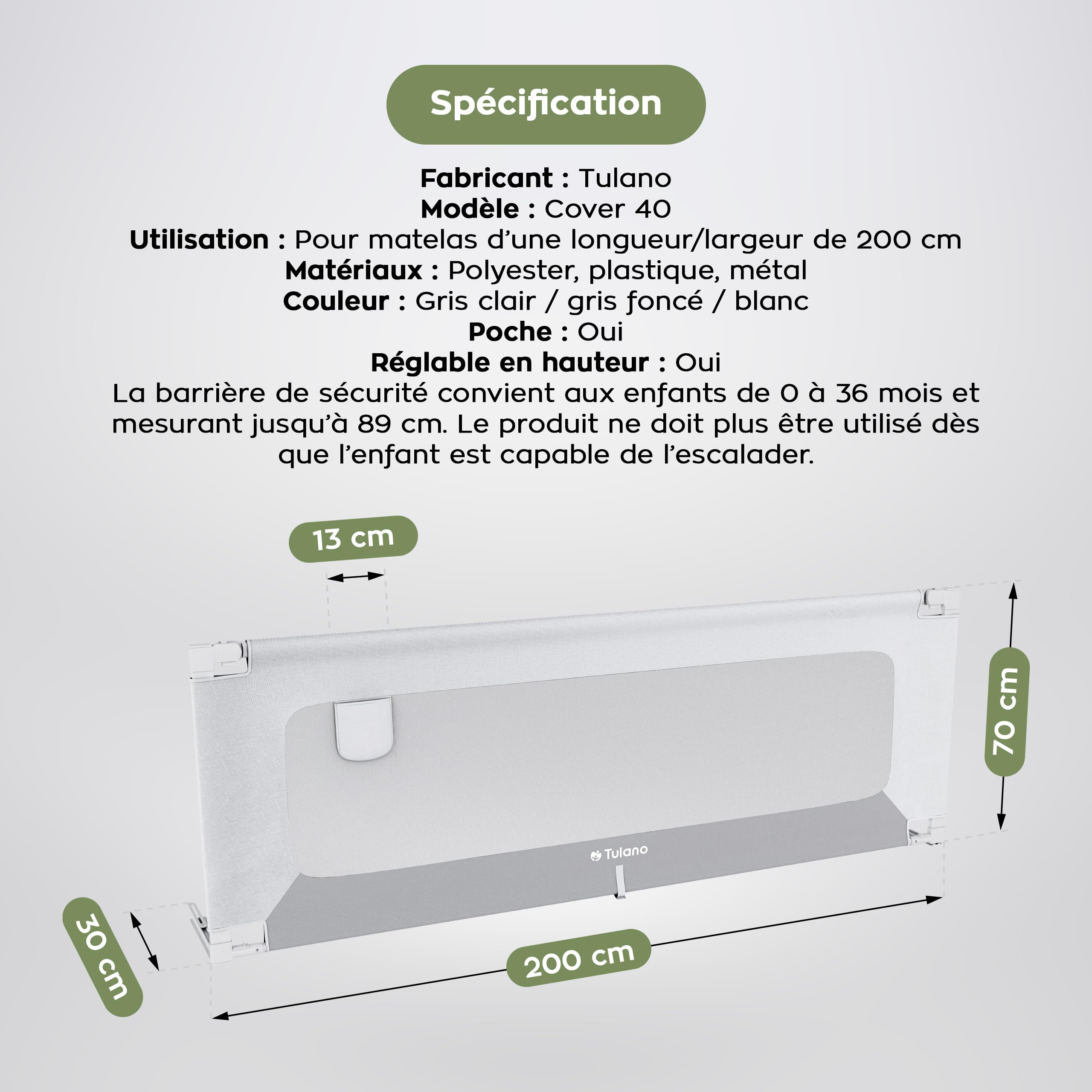 TULANO Cover 40 – Barrière de lit pour Enfant 200 cm – Barrière de sécurité Rabattable – Réglable en Hauteur – Protection Anti-Chute – Compatible lit Adulte – Matelas 10–28 cm – Blanc/Gris