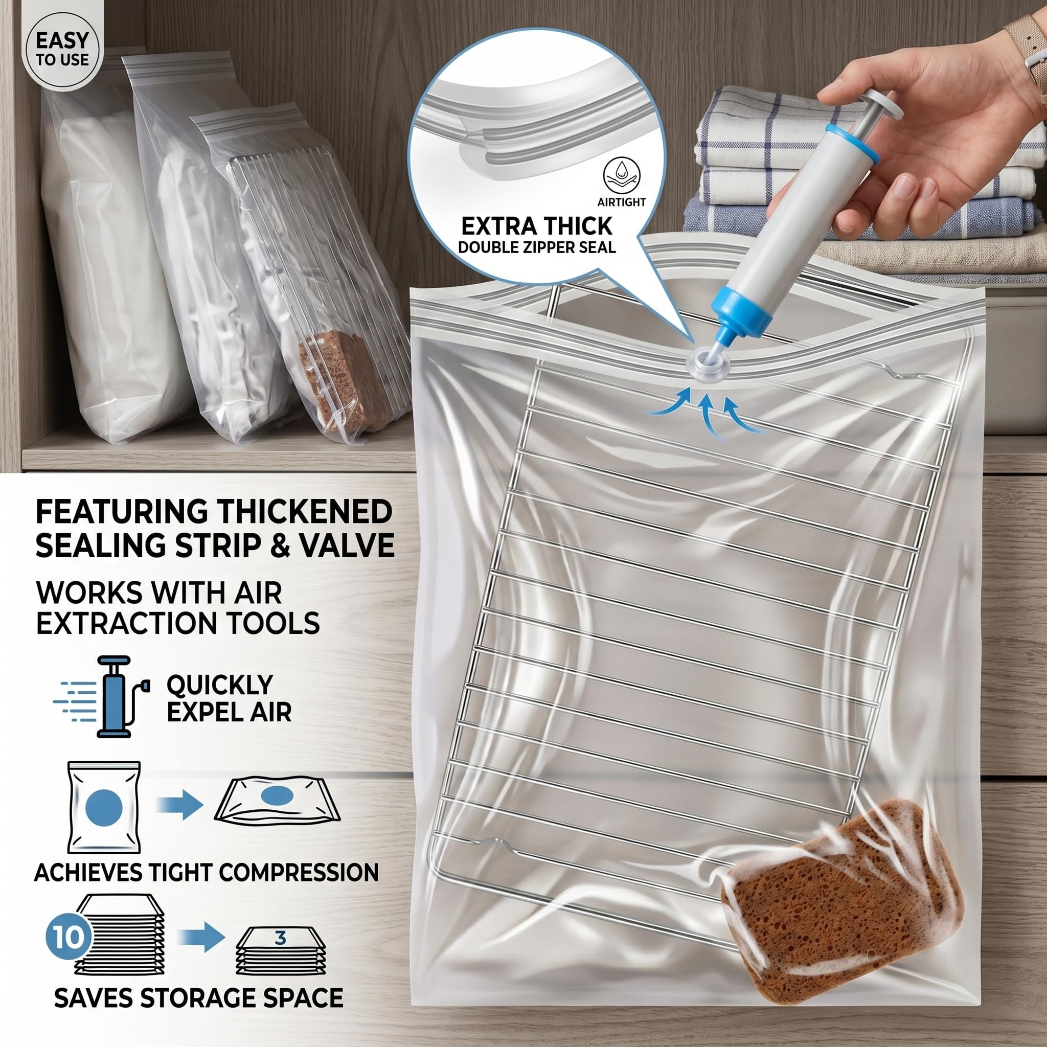 Lot de 3 sacs de nettoyage pour grille de four et rangement sous vide, en polyéthylène épais, transparent, 80 x 60 cm