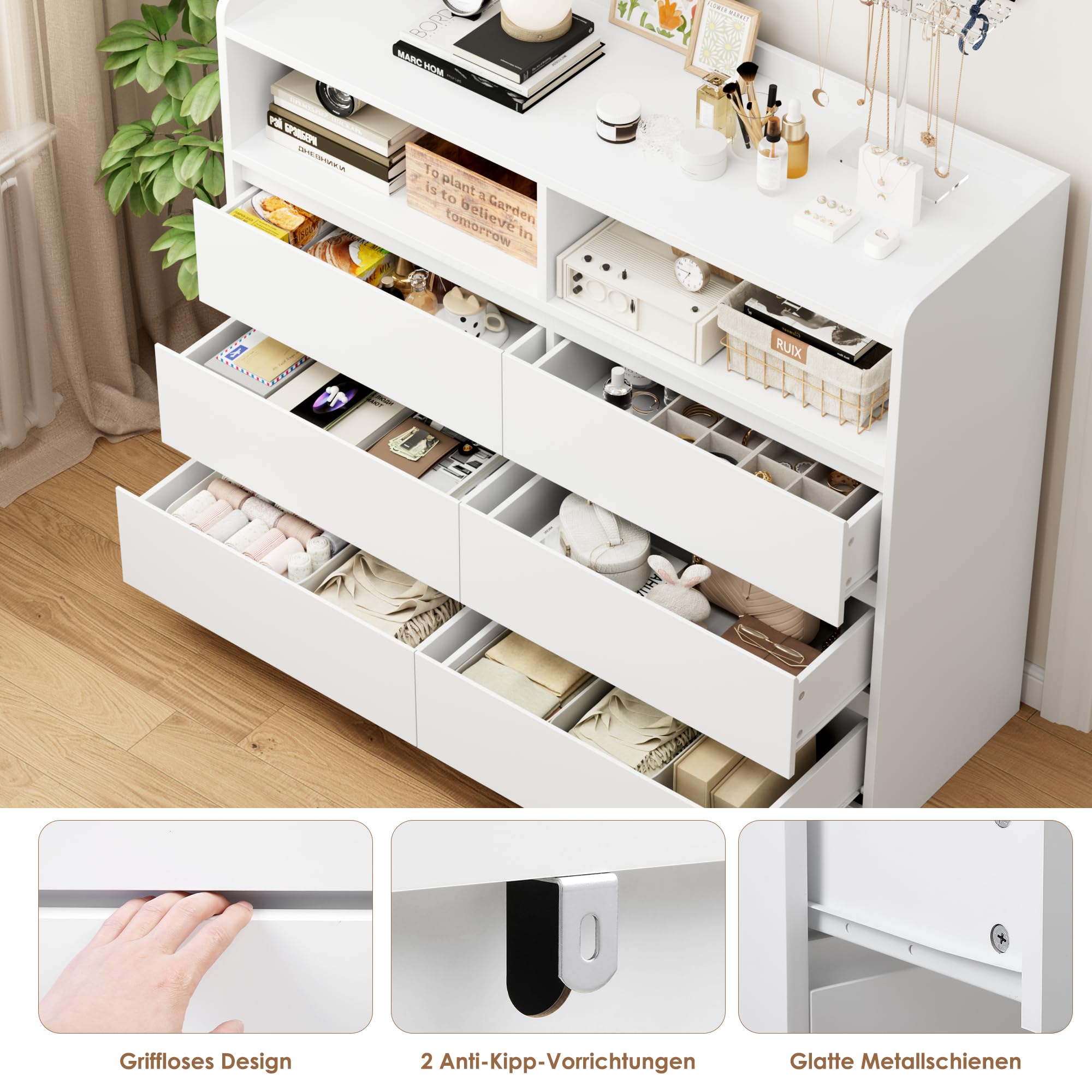 FOREHILL Kommode mit 6 Schubladen 120 cm breit Sideboard mit 2 Fächern