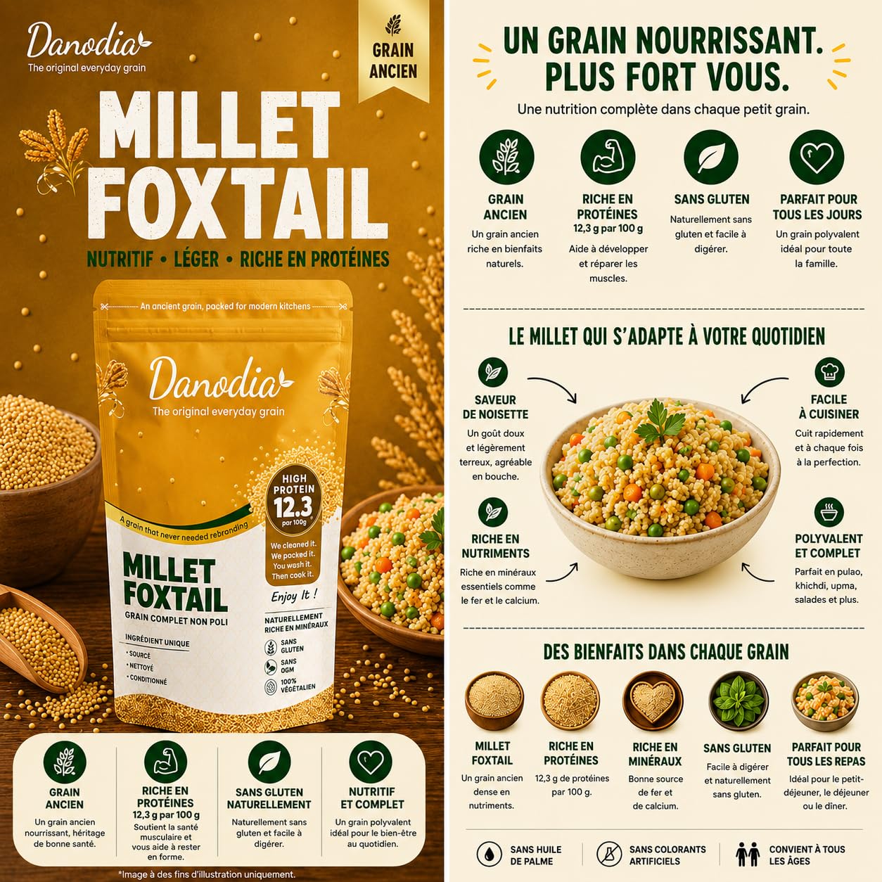 Danodia Foods Millet Queue-de-Renard Entier 950 g / 2 lb | Foxtail Millet décortiqué et non poli | Céréale sans gluten cultivée en Inde | Pour bols, porridge, accompagnements et recettes maison