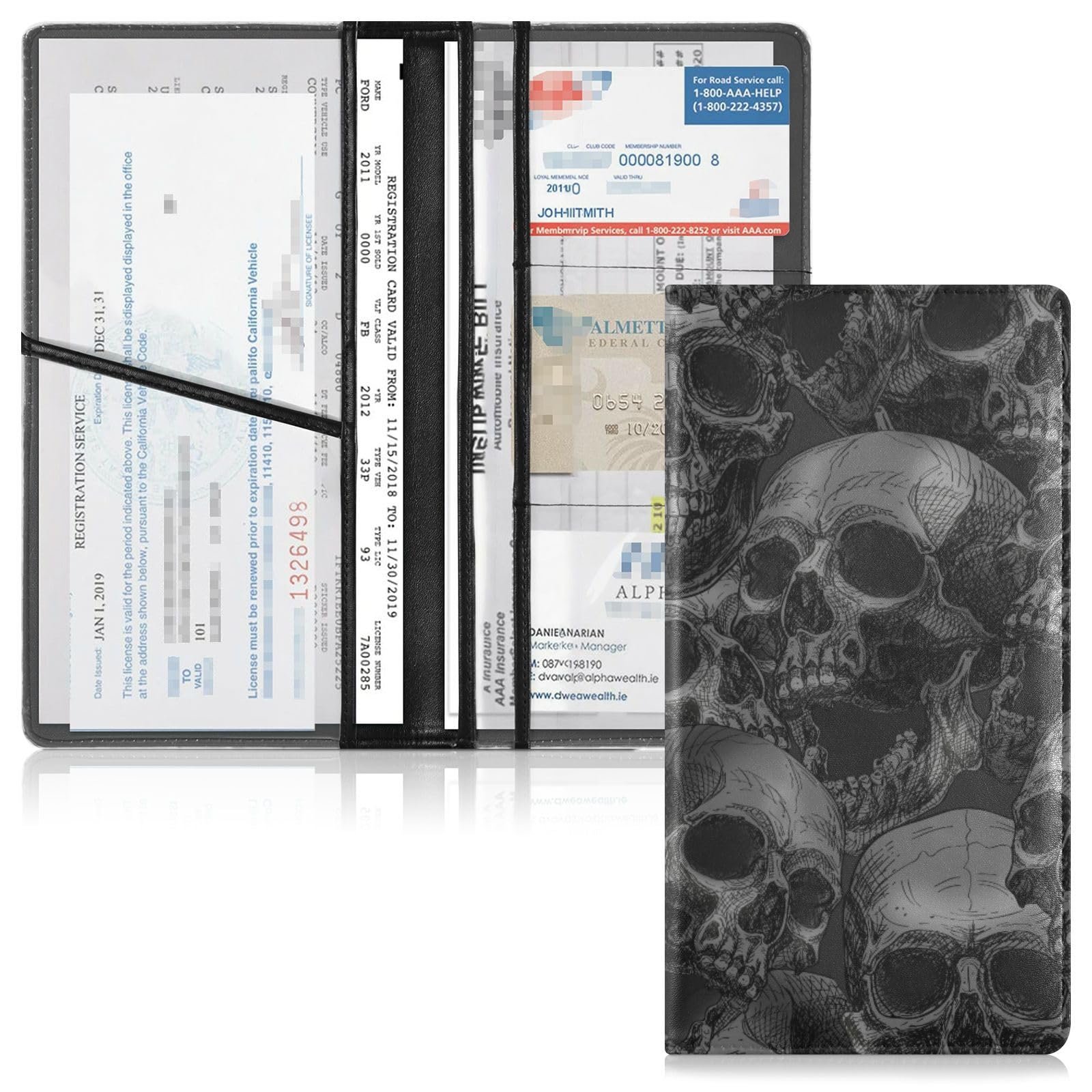 Car Registration and Insurance Card Holder Skull Halloween Black Horror PU Leather Vehicle Glove Box Organizer Document Wallet Accessories Case