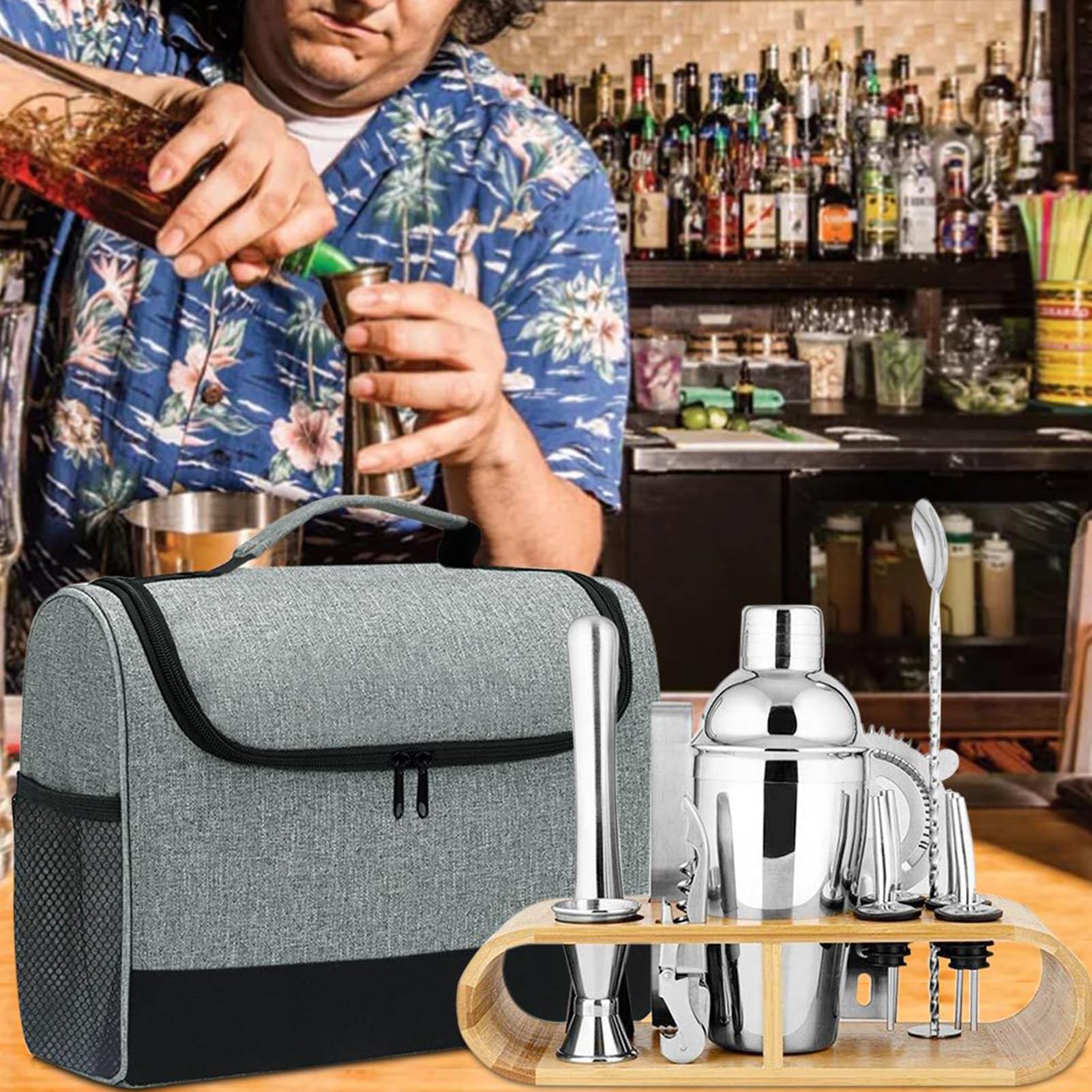 Borsa da viaggio per bartender, custodia da viaggio, porta attrezzi, manico rinforzato, pratico porta da bar, per interni, cucina, cortile, picnic, riunioni