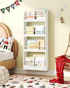 Nursery Book Shelves for Wall, 4-Tier Kids Bookshelf Wall Mounted, Floating Children's Bookcase for Kids Room, Playroom, Nursery, 39.8 x 15 x 114.5 cm White MCW04WB