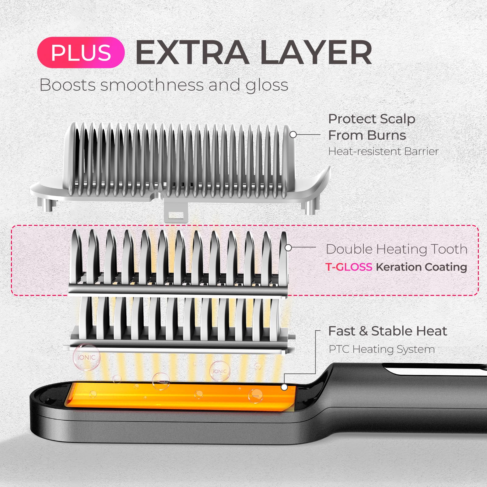TYMO RING PLUS Spazzola per lisciare i capelli, Piastra per capelli Professionale, 9 Temperatura, 120℃-210℃, Display LCD, Riscaldamento Rapido 20S, Spazzola Lisciante agli Ioni Negativi, Nero