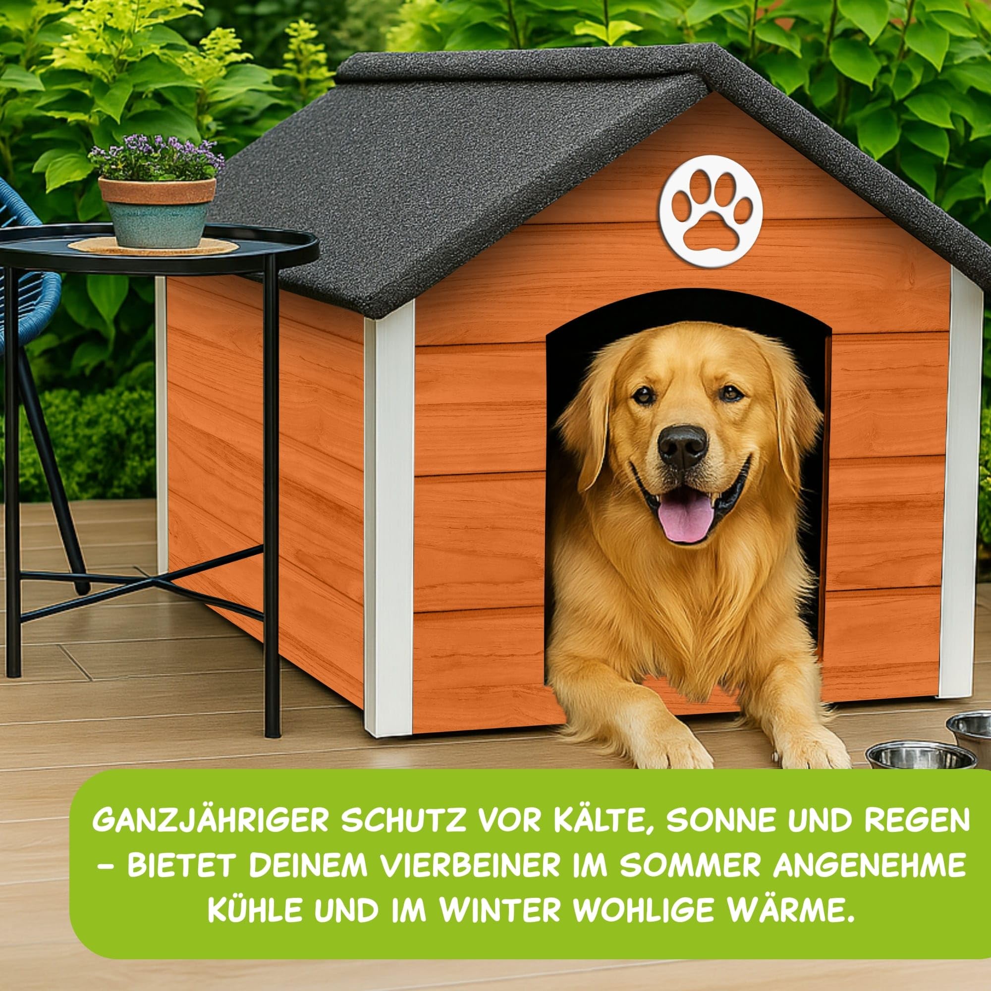Outentin Hundehütte Outdoor Isoliert - Hundehaus für Große Hund - Winterfest und Wetterfest - Hunde Haus für Draußen mit schrägem Dach - Stabile Villa und Moderne Design - 103 x 90 x 70cm-Teak