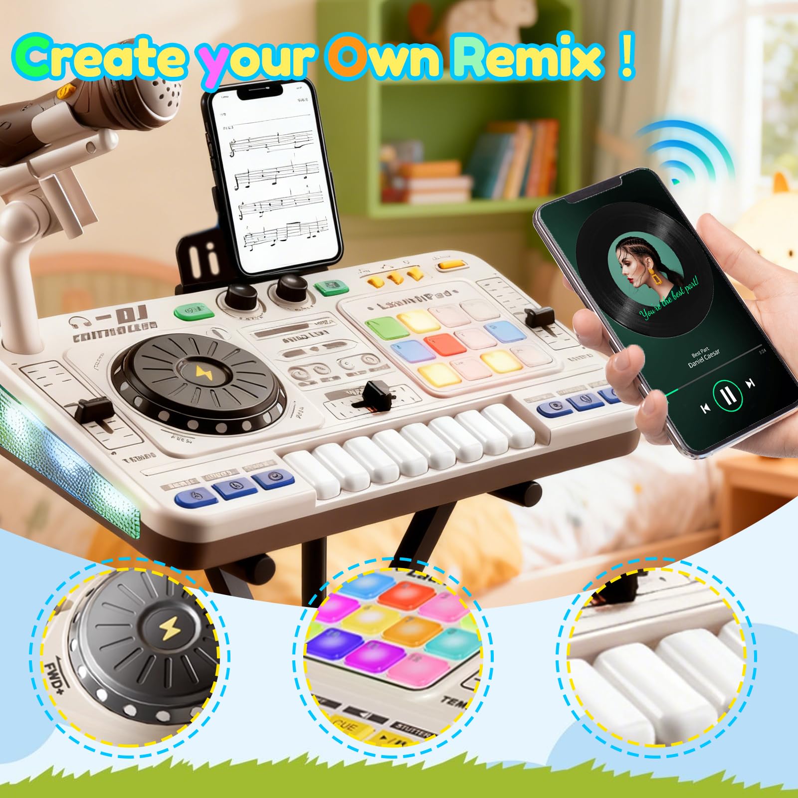 DJ Pult Kinder DJ Mischpult Kinder mit Mikrofon | Bluetooth Akku, 100 Soundeffekten, mit Aufnahmefunktion Interaktives Musik-Lernspielzeug für Jungen Mädchen 3-12 Jahre
