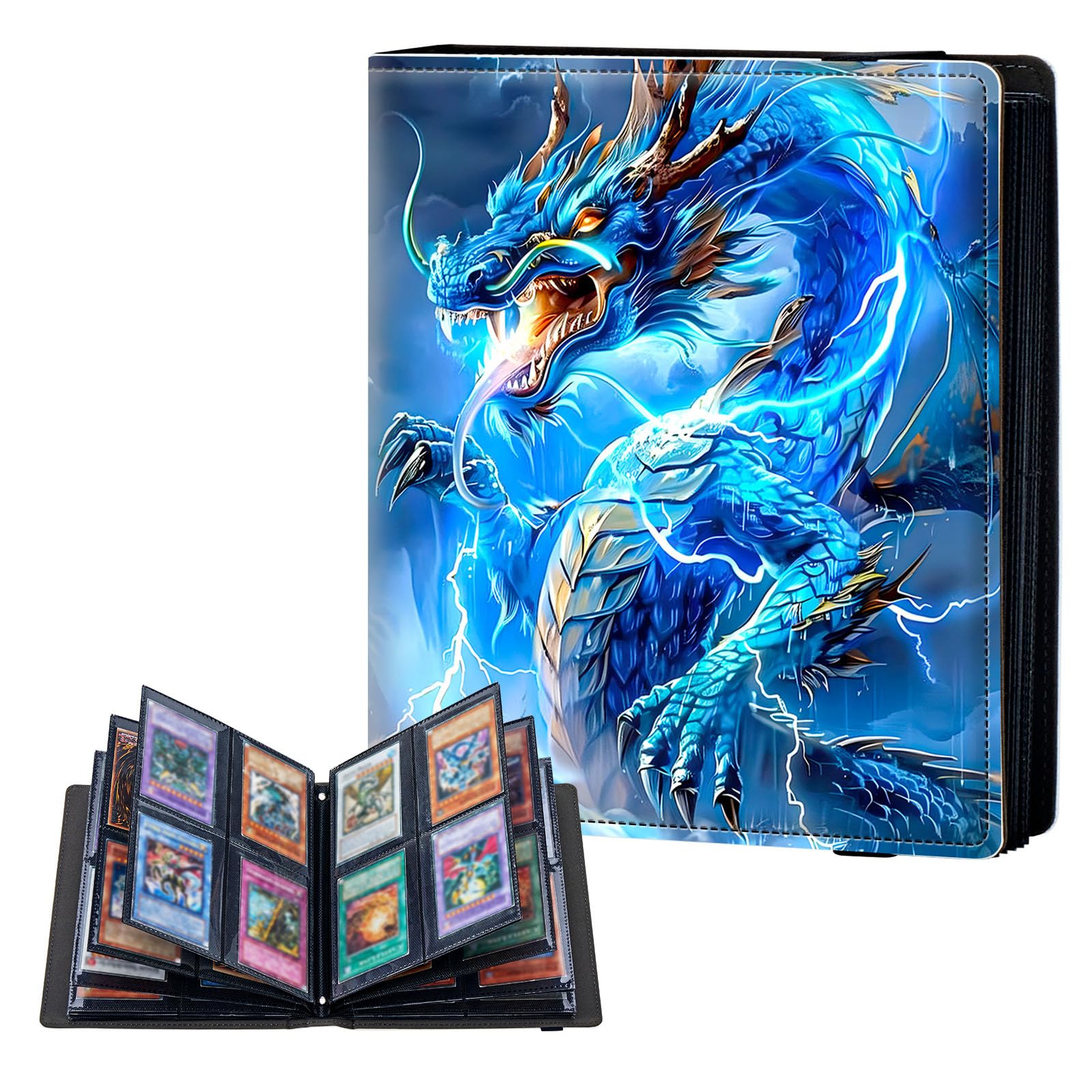 ETLKJVBL 4 Pocket Trading Card Binder, Card Collection Binder for TCG, MTG, Sports Cards, Baseball, Thunder Dragon Trading Card Book Holder for Collectors, Top Loader Binder