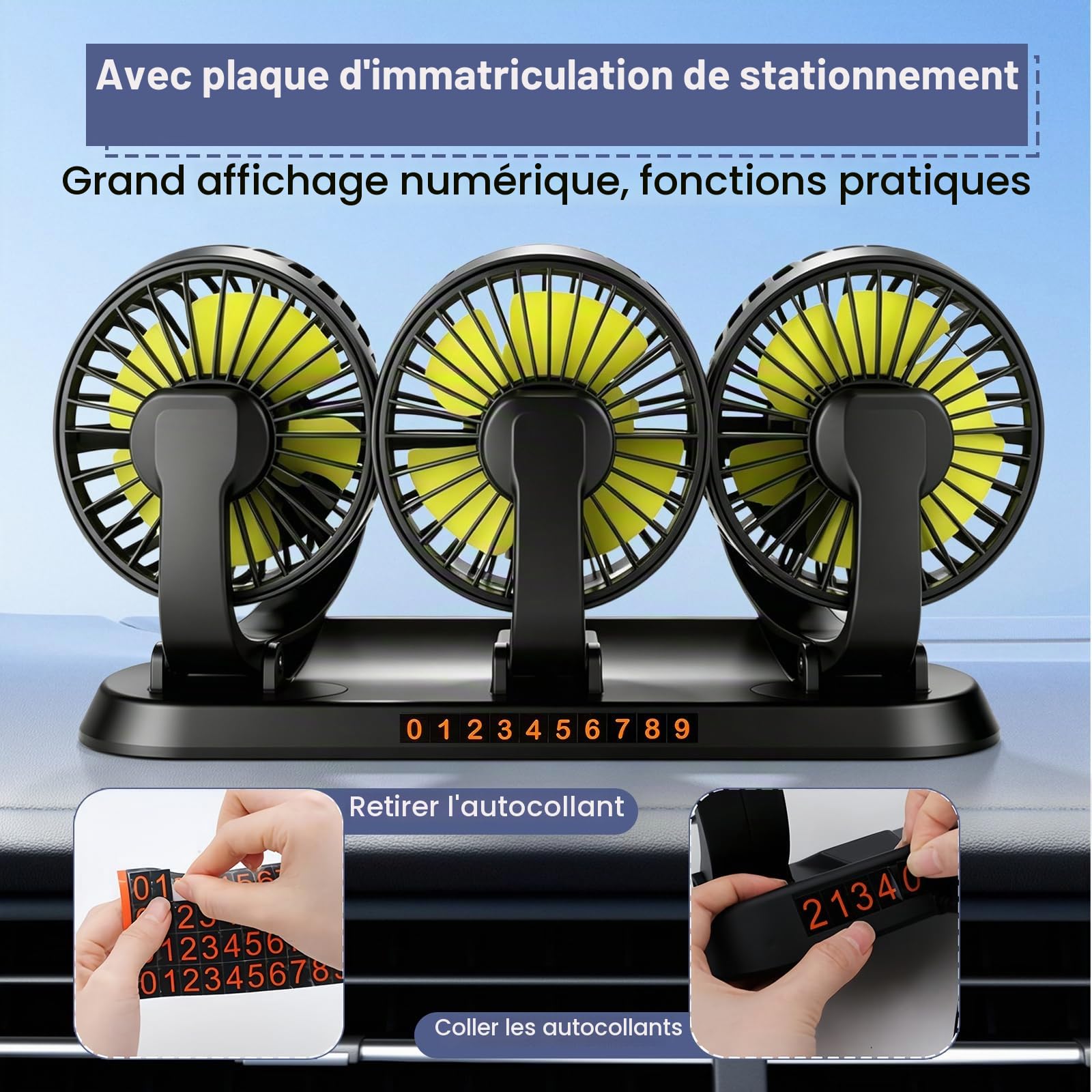 Ventilateur de voiture à trois têtes : ventilateur 12 V 3 vitesses, ventilateur de voiture universel avec ventouse, peu de bruit, ventilateur d'été pour voiture, camionnette, SUV, RV, bateau