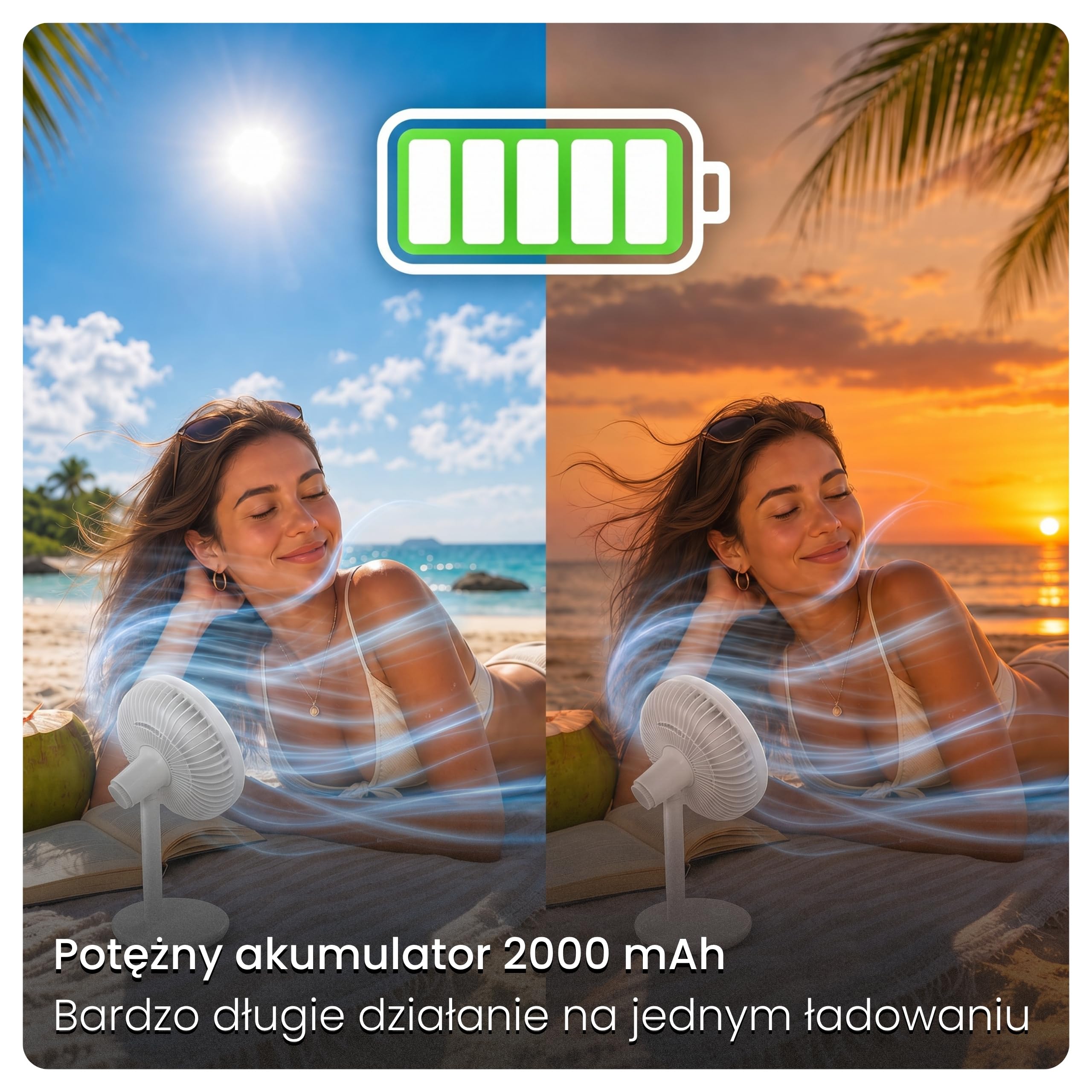 Cichy wentylator biurkowy - Bezprzewodowy wiatrak USB akumulator 2000mAh, Ø 14cm, bezszczotkowy mini wentylator z 7 łopatkami BreezGo, 4 tryby, naturalny wiatr, biały