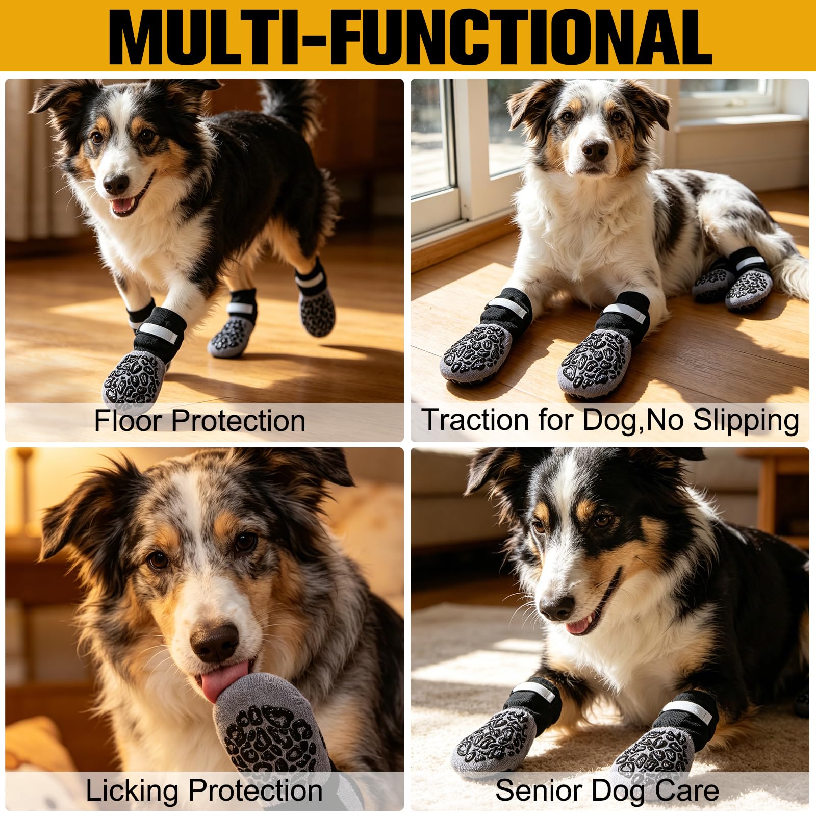 Chaussettes Antidérapantes pour Chien avec Double Adhérence & Sangle Ajustable - Lot de 4 pour Parquet et Carrelage, Anti-Glisse et Anti-Léchage, Protection des Pattes pour Chiens Âgés et Actifs (M)