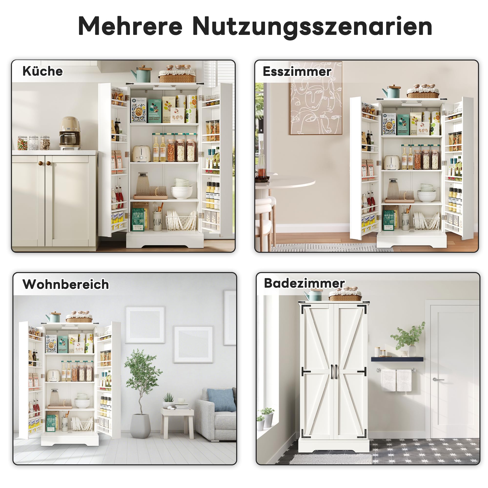 Merax Küchenschrank, Vorratsschrank mit Doppeltür, Aufbewahrungsschrank mit verstellbaren Einlegeböden, Speiseschrank mit LED Beleuchtung, Mehrzweckschrank Holz, Weiß, 60x35x128,5cm