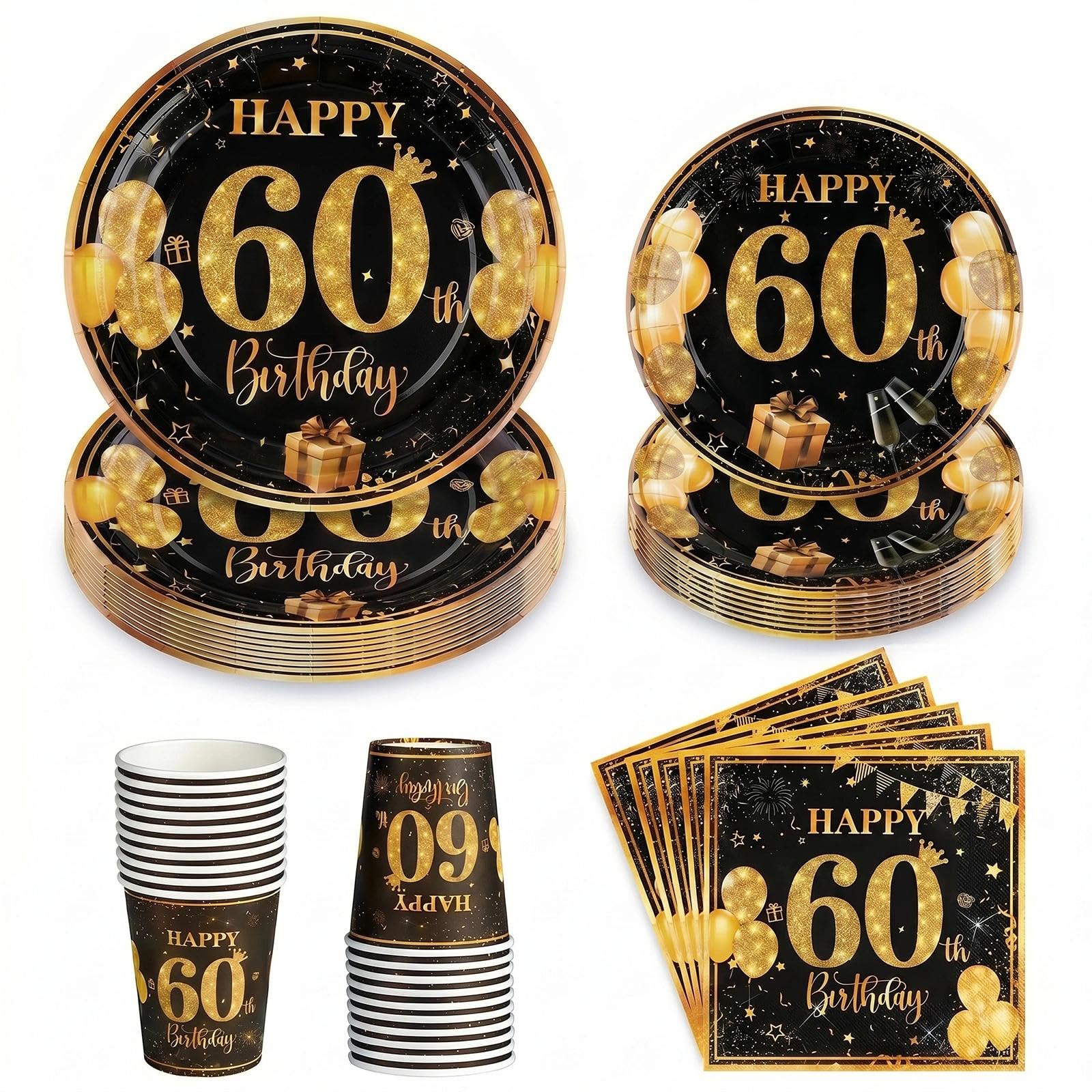 68Pcs 60th Birthday Party Plates Cups and Napkins, 7" and 9" Black Gold Paper Plates, 60th Birthday Decorations, Disposable Party Tableware Set Serves 16 Guests for Men Him Women Her — image 1