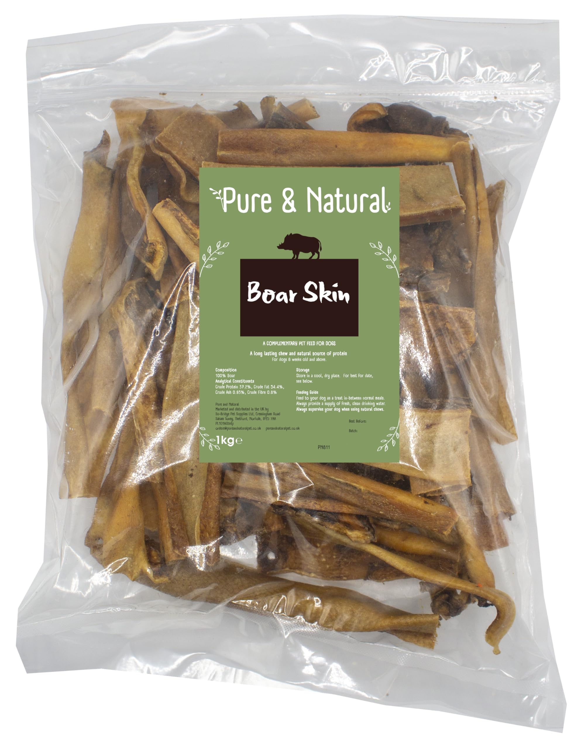 Pure & Natural Boar Skin - Natural Dog Chews - Long Lasting - Dog Treats - Natural, Low Fat - Grain Free - Healthy - 1kg Bulk Box