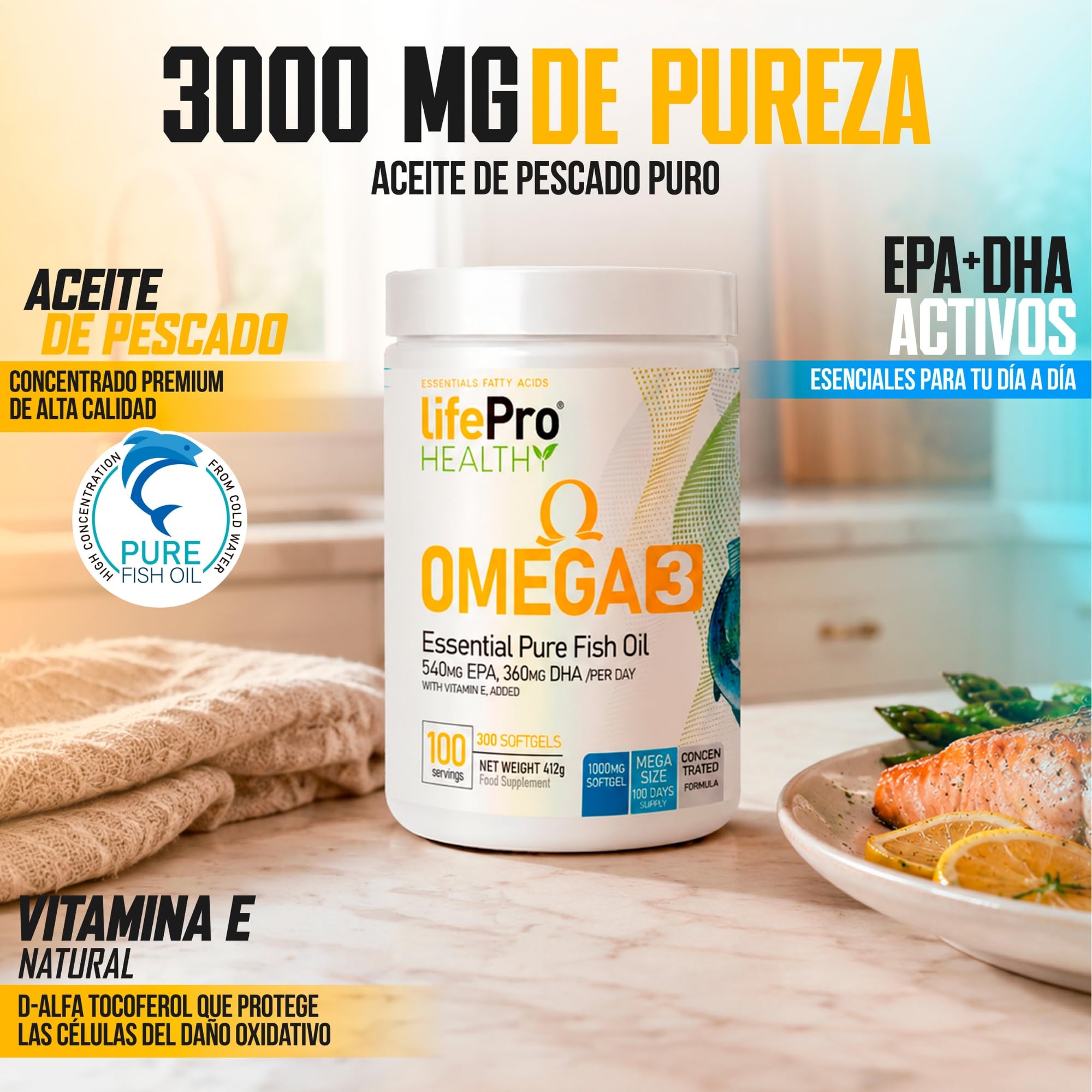 Life Pro Omega - 3000 mg, 300 capsule - Softgel di olio di pesce (EPA 540 mg + DHA 360 mg) per il benessere generale, scorta per 3-4 mesi - Senza glutine