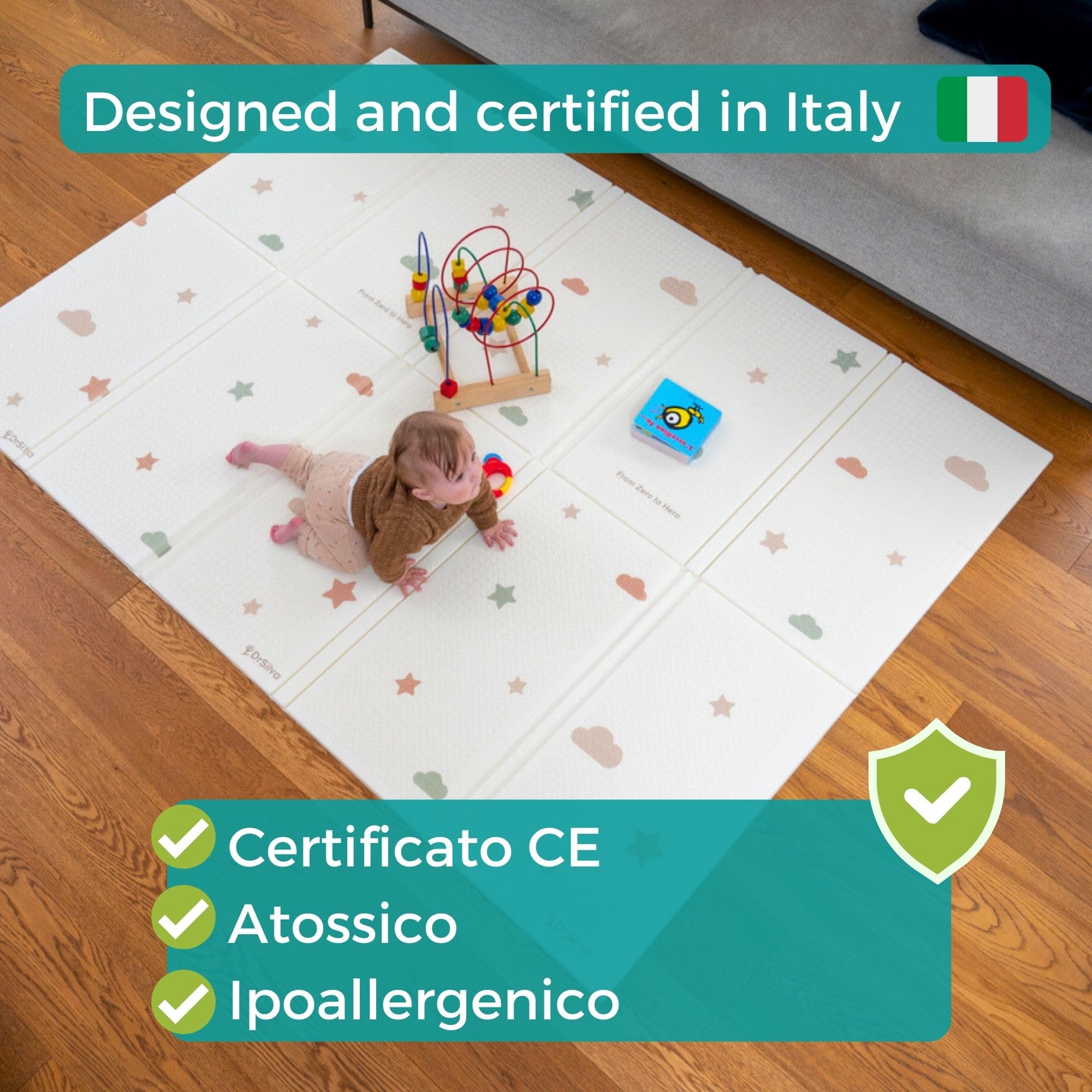 DR-SILVA Tappeto Gioco per lo Sviluppo Motorio di Bambini e Neonato. Sicuro, Atossico, Spessore 1,5 cm, Grande 200x150 cm, Pieghevole, Portatile, Anti-Scivolo, Lavabile, Morbido e Anti-urto.