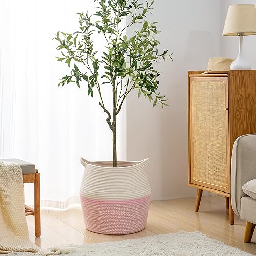 Miniatura 4 de KAKAMAY Cestas tejidas para almacenamiento (17 x 17 pulgadas), canasta grande de cuerda de algodón tejida para bebé, cesta de lavandería plegable,