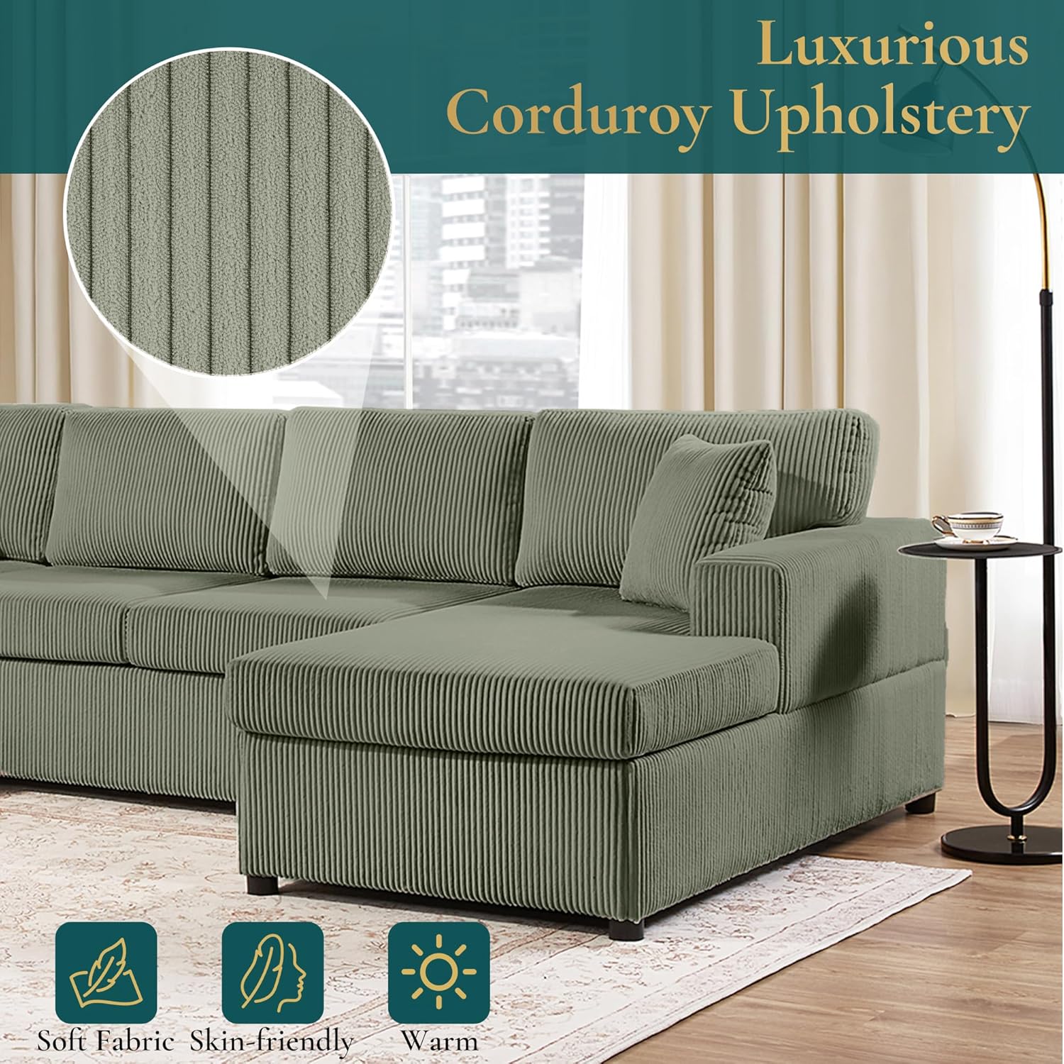 Eafurn Oversized U Shaped Modular Sectional Sofa, 115" Oversized Corduroy Upholstered Couch with Spacious Chaise Lounge & 3 Throw Pillows for Living Room, Apartment, Office