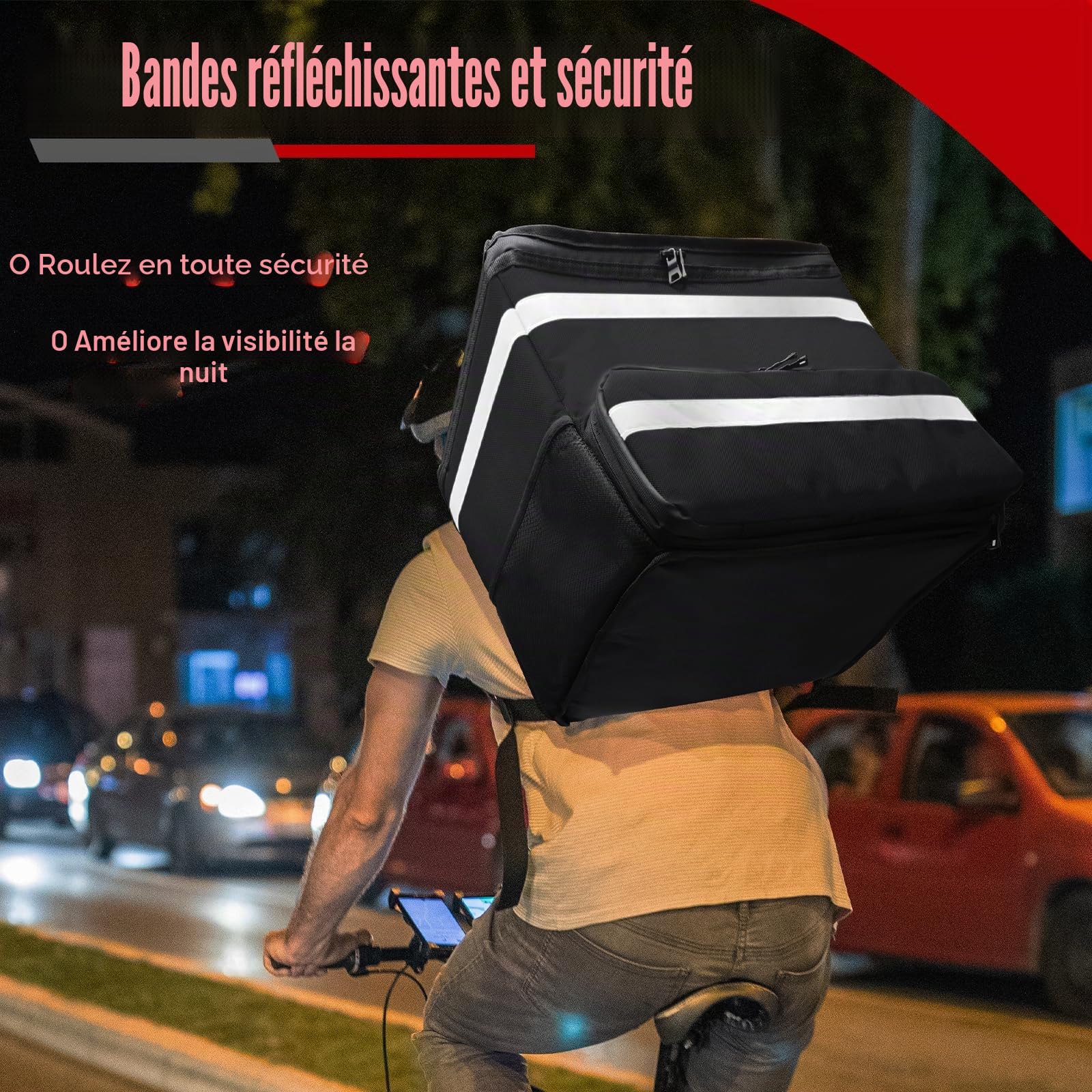 Windspeed Sac à dos extensible pour livraison de nourriture et de pizza vélo, avec 2 planches de soutien/bande réfléchissante, sacs isothermes pour pizza, Noir