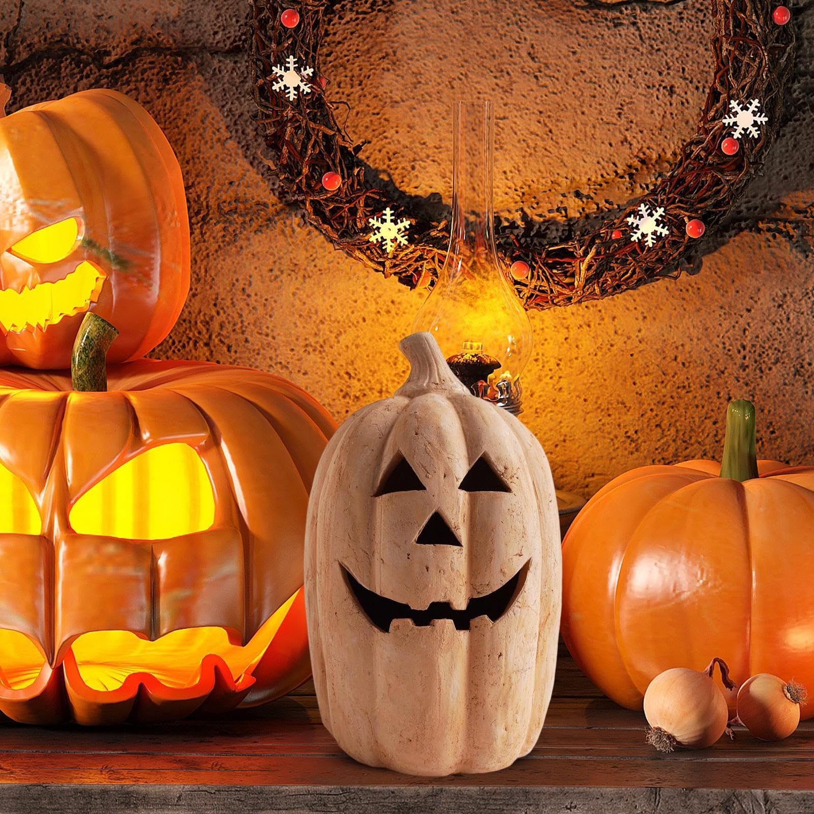 Latarnia dyniowa z terakoty - duża jesienna dekoracja na Halloween - ręcznie robione dekoracje do wnętrz na zewnątrz do drzwi wejściowych, trawnika, imprezy domowej i sypialni