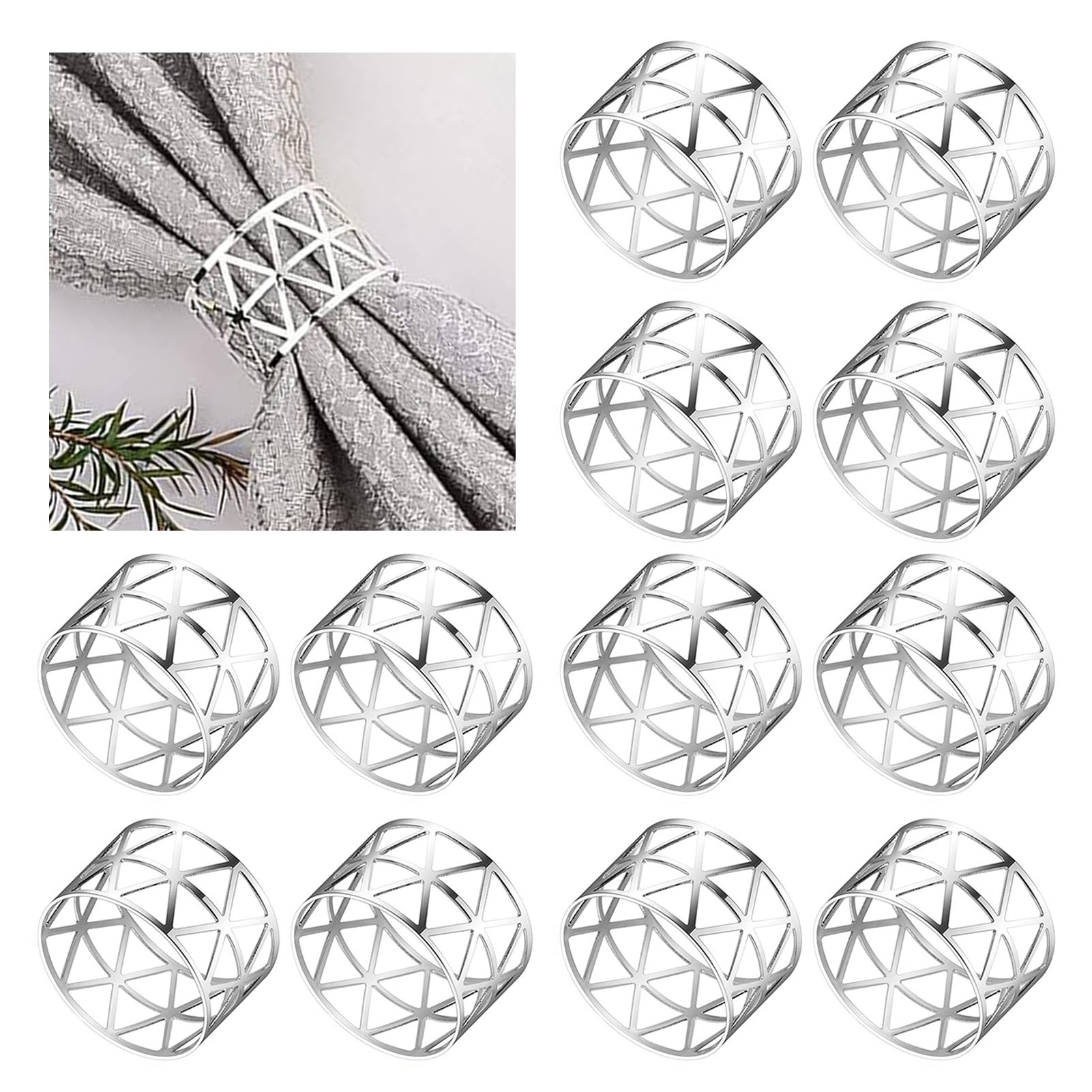 Elvielsl Napkin Ring Set, 6/12 Pcs Metal Napkin Buckle Holder Gold Silver Hollow Triangle Napkin Ring Holders for Christmas Wedding Birthday Party Table Decorations (Silver Triangle, 12 Piece)