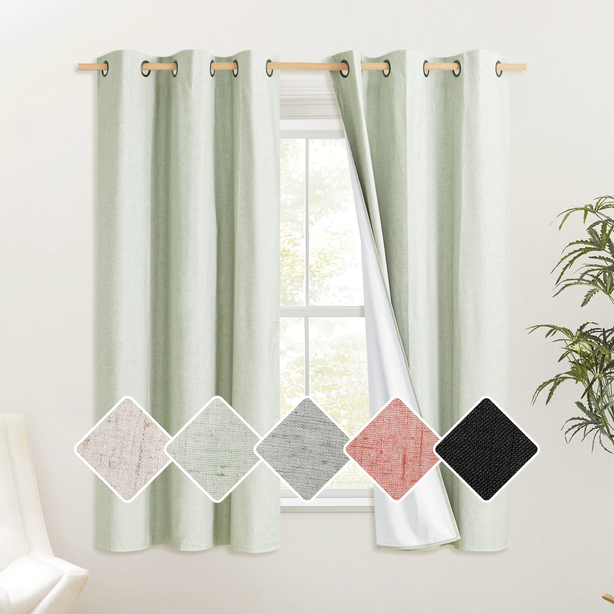 NICETOWN Sage Green Linen Blackout Curtains with Bronze Grommets for