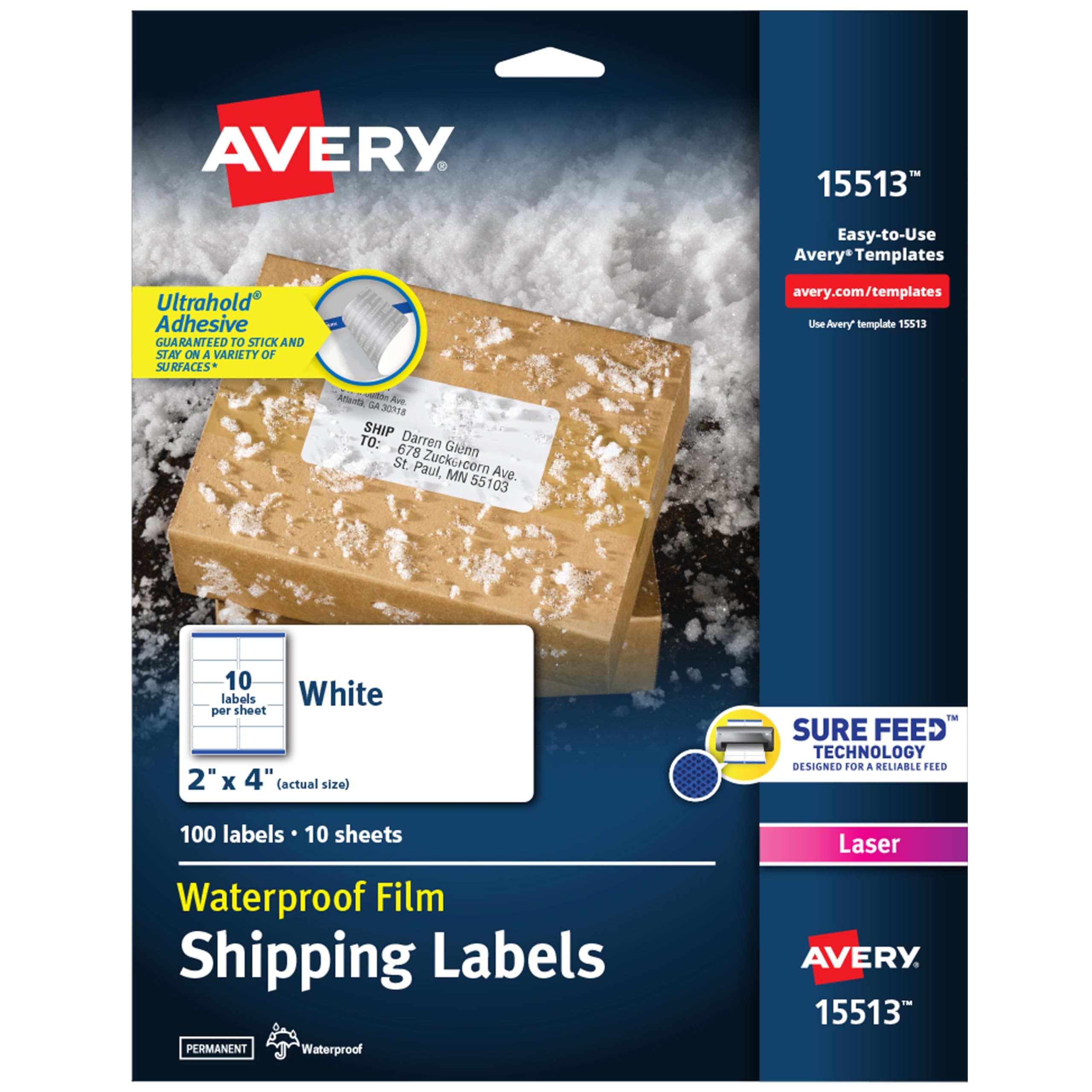 Avery Waterproof Labels with Ultrahold Adhesive, 2" x 4", Case of 500 Labels for Laser Printers (15513)