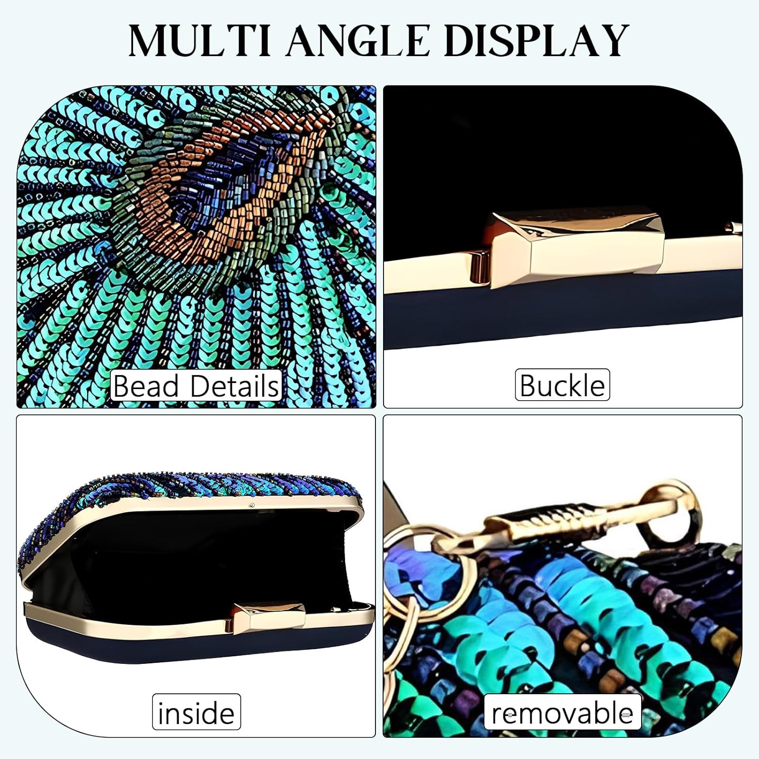 Peacock Evening Bags Clutch Purse for Women Bead Sequins Vintage Purses Crossbody Handbags with Detachable Chains - Image 6