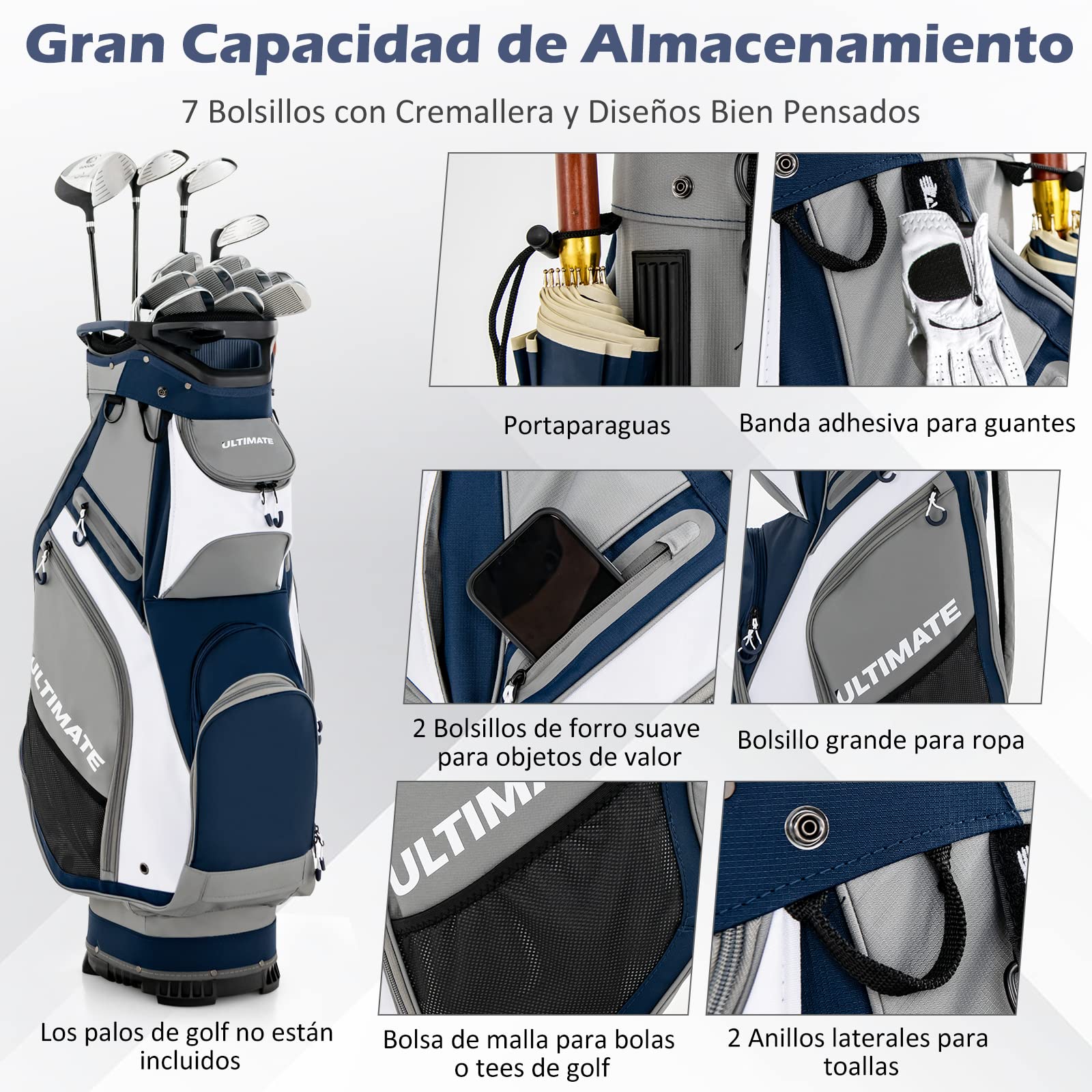 COSTWAY Bolsa Golf con 14 Palos, Bolsa de Carro de Golf Ligera y Portátil, 7 Bolsillos con Cremallera, Capucha para Lluvia, Cart Bag, Soporte para Paraguas, Unisex Adulto