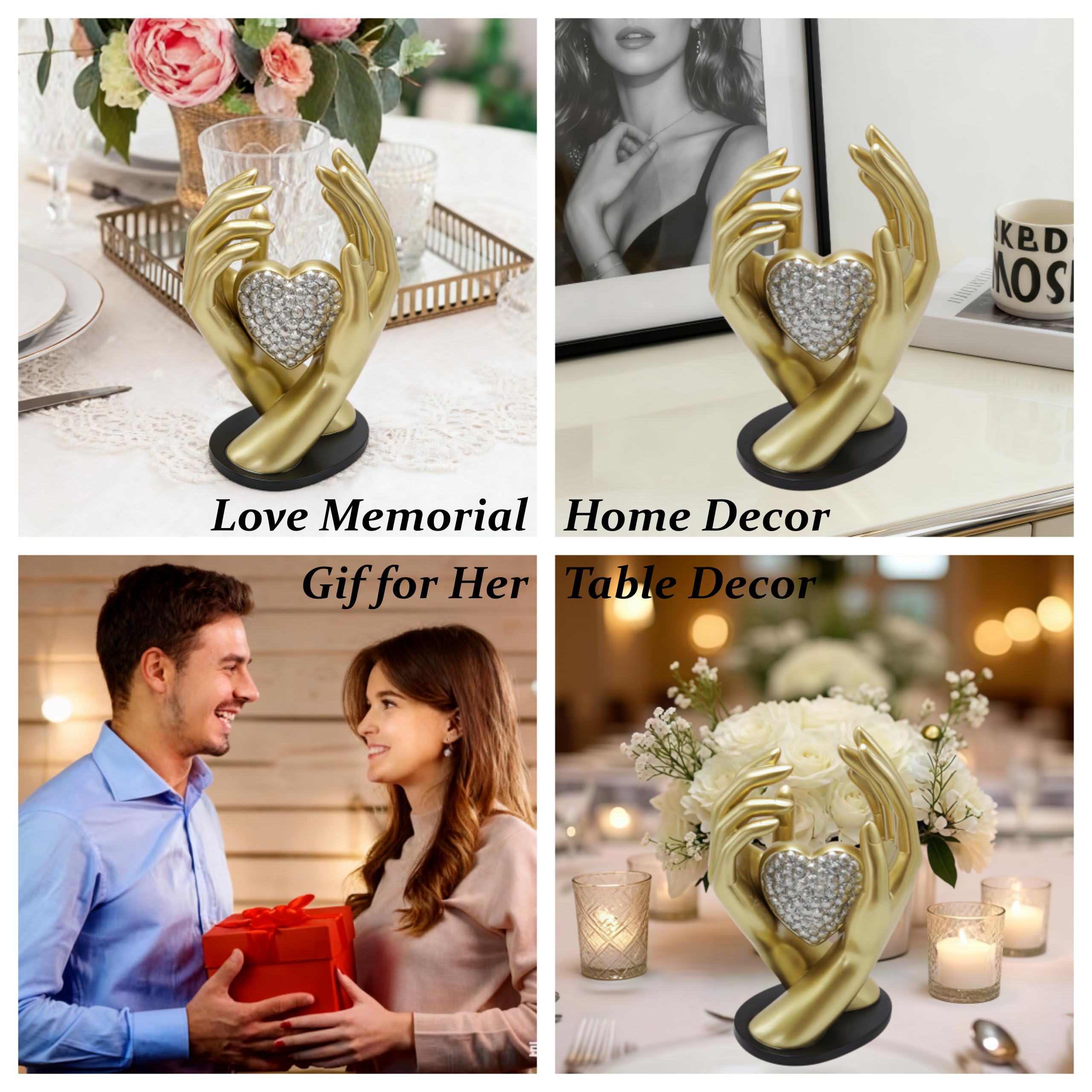 Decoración de mano dorada, sosteniendo una estatua de corazón, decoración de habitación, escultura de mano de corazón, perfecta para decoración de boda y como ambas manos sosteniendo un