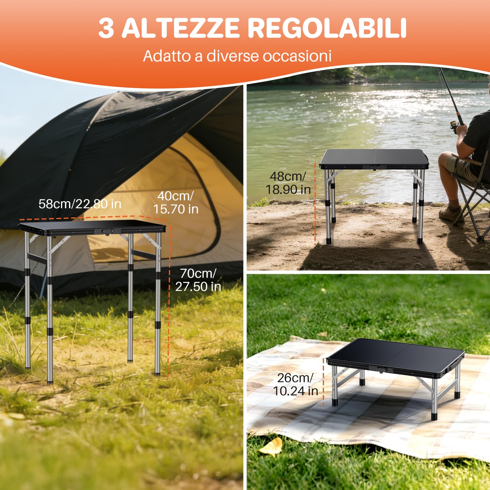 FUNYKICH Tavolo da Campeggio Pieghevole,3 Altezze Regolabili 26/48/70 cm | Tavolo da Picnic 58x40 cm,Plastica Telaio in Lega di Alluminio,Impermeabile,Portatile,per Barbecue/Pesca