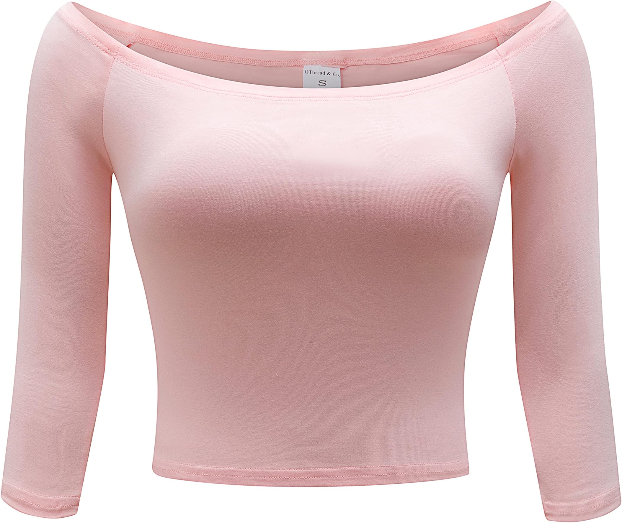 Women's Off Shoulder 3/4 Sleeve Crop Top Comfy Basic Stretch Layer Shirt
