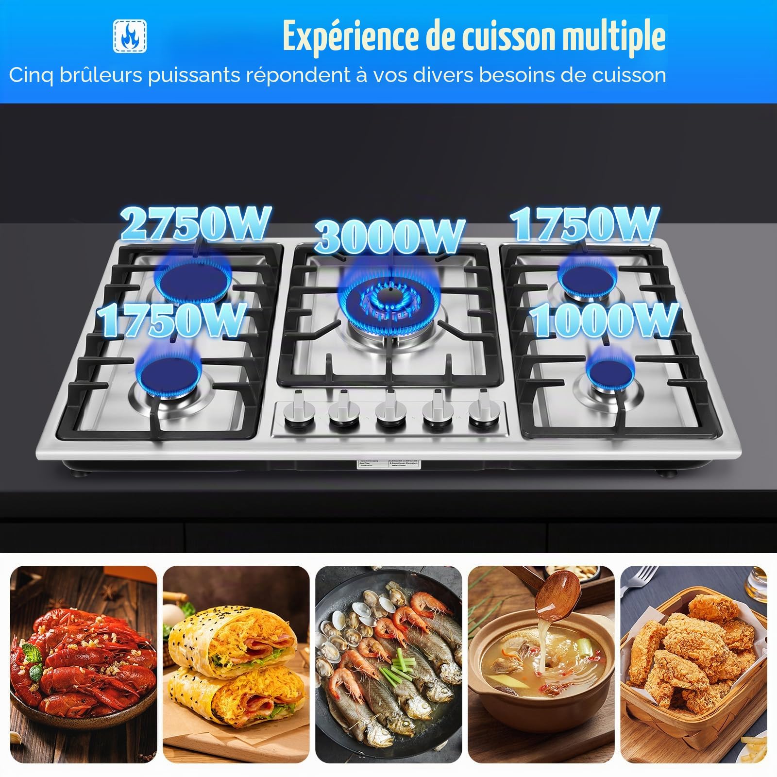 Plaque de cuisson à gaz 5 feux, pour gaz naturel et propane, avec système d'interruption de flamme, pour la maison, les restaurants, 86 x 51 x 8 cm