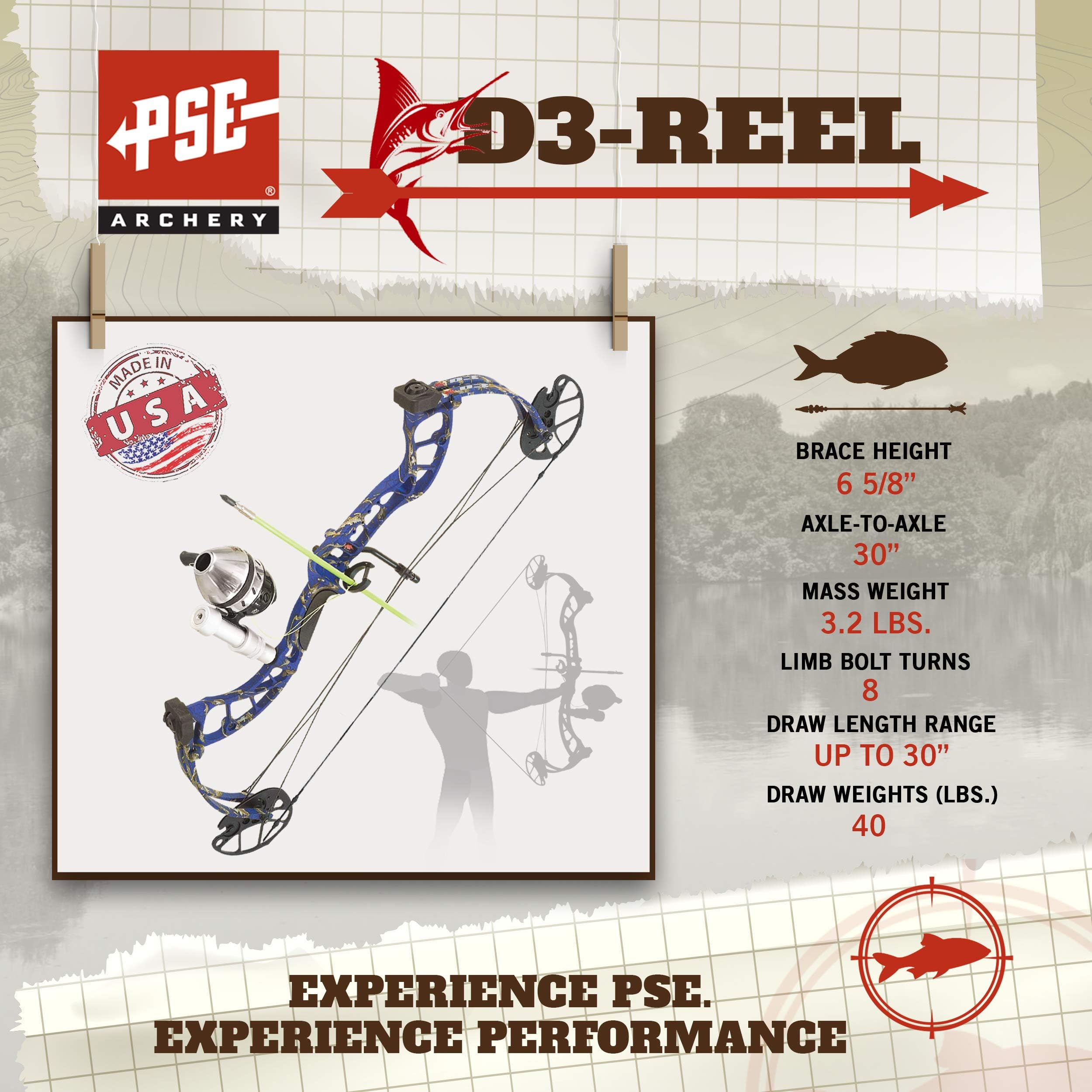 PSE ARCHERY D3 Bowfishing Compound Bow-Kit-Set-Arrow - Right Hand - Blue DK'D - 30-40