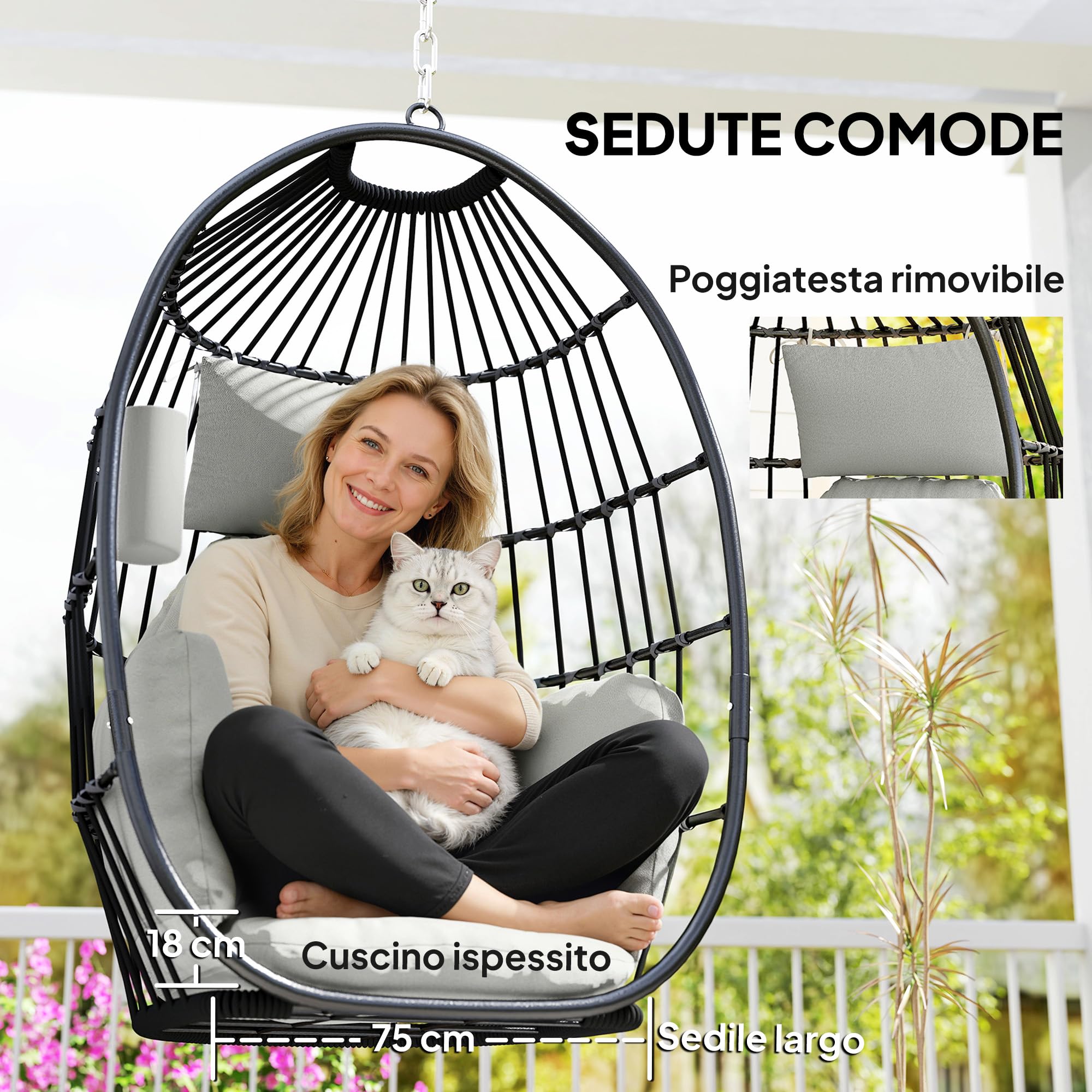 Outsunny Poltrona Sospesa a Uovo con Gancio, Cuscino Imbottito, Poggiatesta, Portabicchieri, Sedia a Dondolo da Giardino Pieghevole, in Acciaio, per Interni ed Esterni, 75x62x107 cm, Grigio