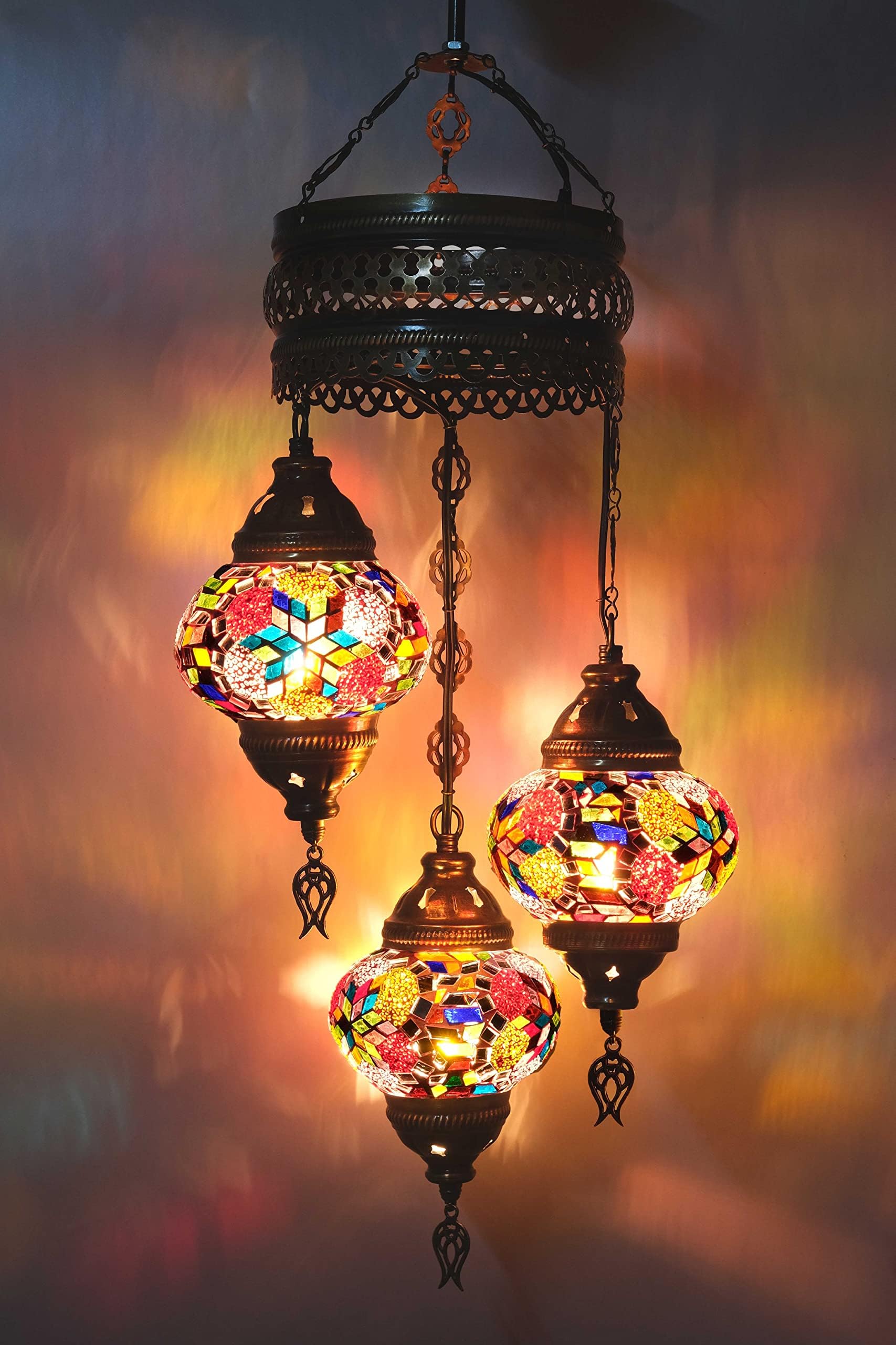 Asylove Turkish Ceiling Lamp, Mosaic Pendant Lamp Turkish Chandeliers 3 Globe Moroccan Ceiling Lighting Art Deco Brillant Fixture, 5 inc Globe - Total Dimensions 14x14x35 inch (Colorful)