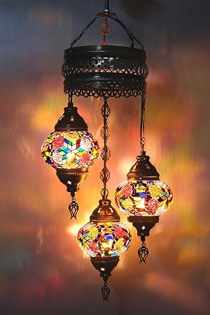 Asylove Turkish Ceiling Lamp, Mosaic Pendant Lamp Turkish Chandeliers 3 Globe Moroccan Ceiling Lighting Art Deco Brillant Fixture, 5 inc Globe - Total Dimensions 14x14x35 inch Colorful