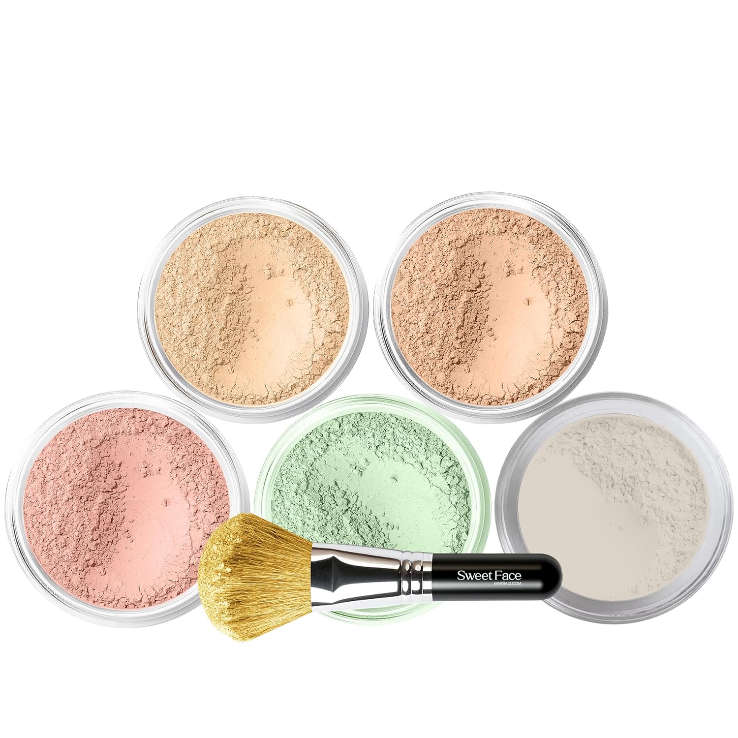 5pc KIT w/FACE BRUSH (WARM Neutral Shade-Most Popular) Mineral Makeup Set Full Size Powder Bare Skin Matte Foundation