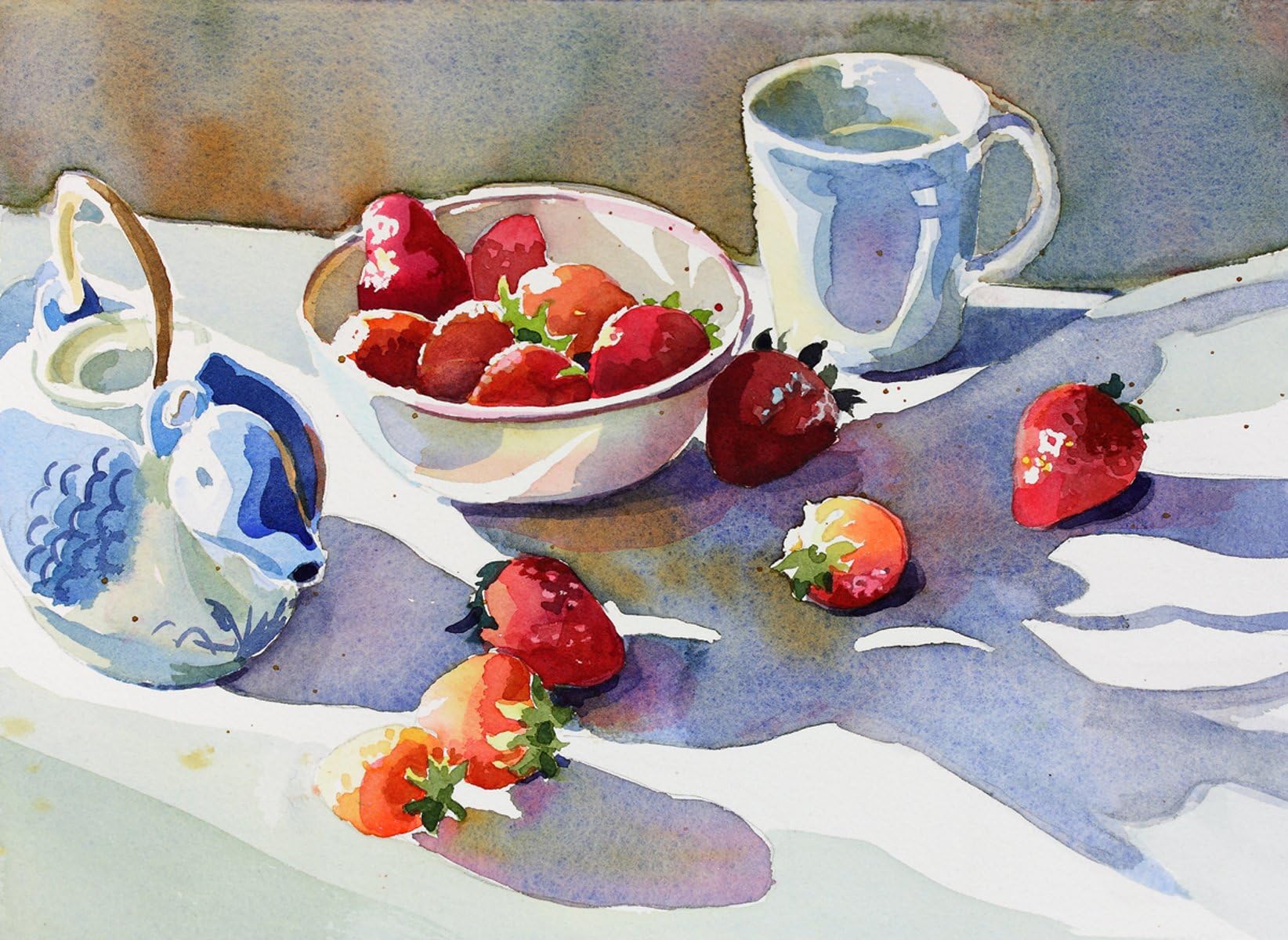 Ducky Teapot and Strawberries, Giclee Print of Watercolor , Various Sizes