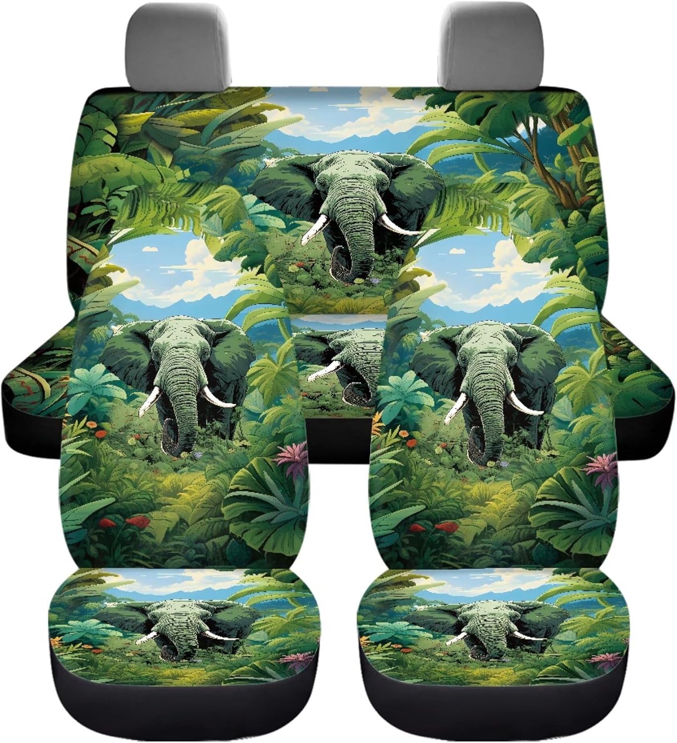 Forest Elephant Green Car Seat Covers Full Set Car Front Seat Covers Car Back Seat Protector Universal Fit Automobiles