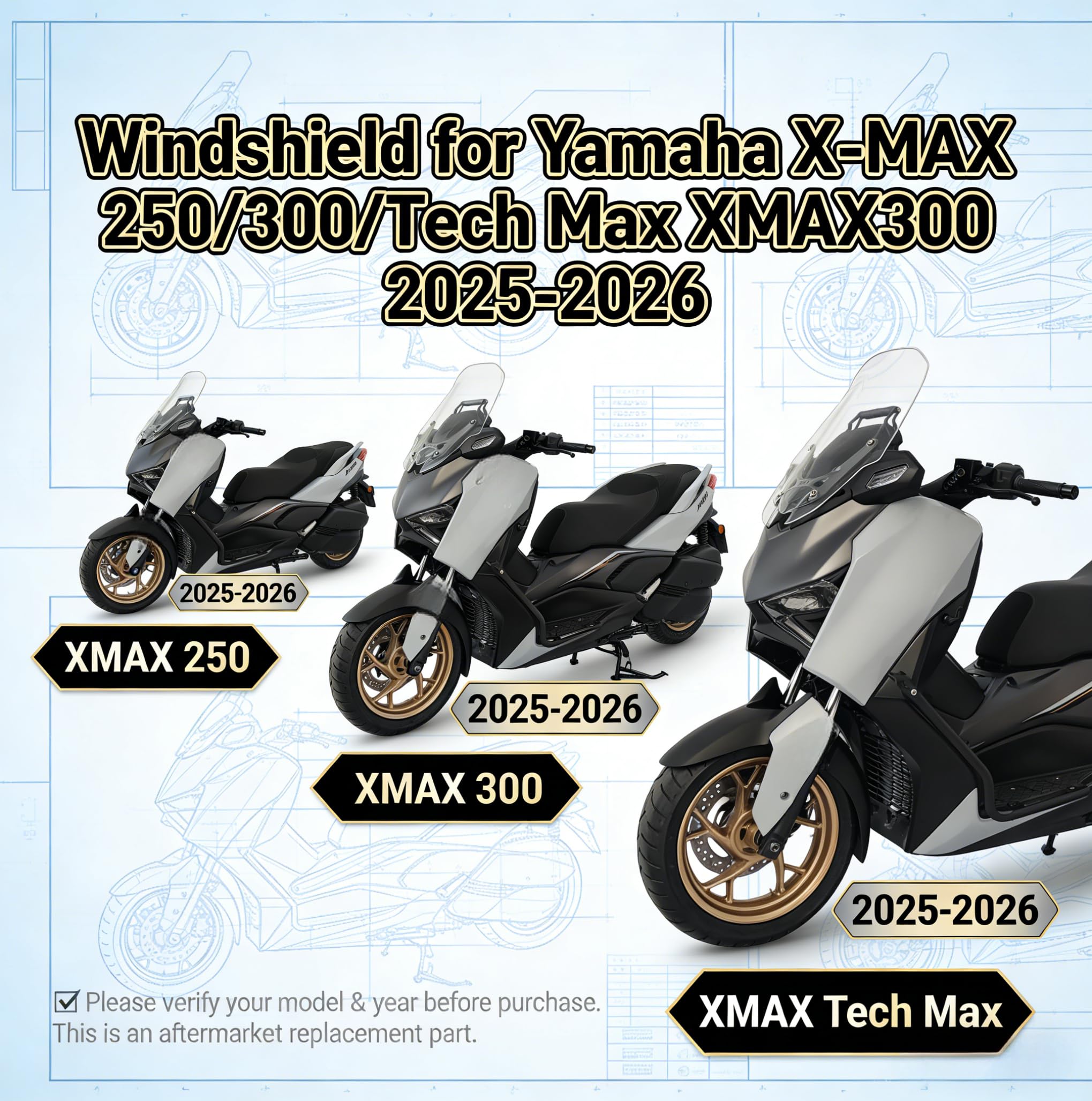 Parabrezza Moto per Yamaha X-MAX 250/300/Tech Max XMAX300 Accessori 2025-2026 - Parabrezza Sportivo Alto, Cupolino Frontale in PC Plastica Visiera (Grigio)