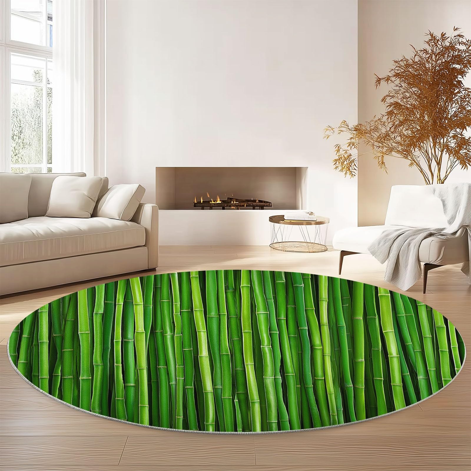 Tappeto Rotondo 120 cm, Morbido, Lavabile, Verde, con Stampa di Piante e bambù, Antiscivolo, Leggero, Ideale per Soggiorno, Sala da Pranzo, Cucina, Camera da Letto e Ingresso.