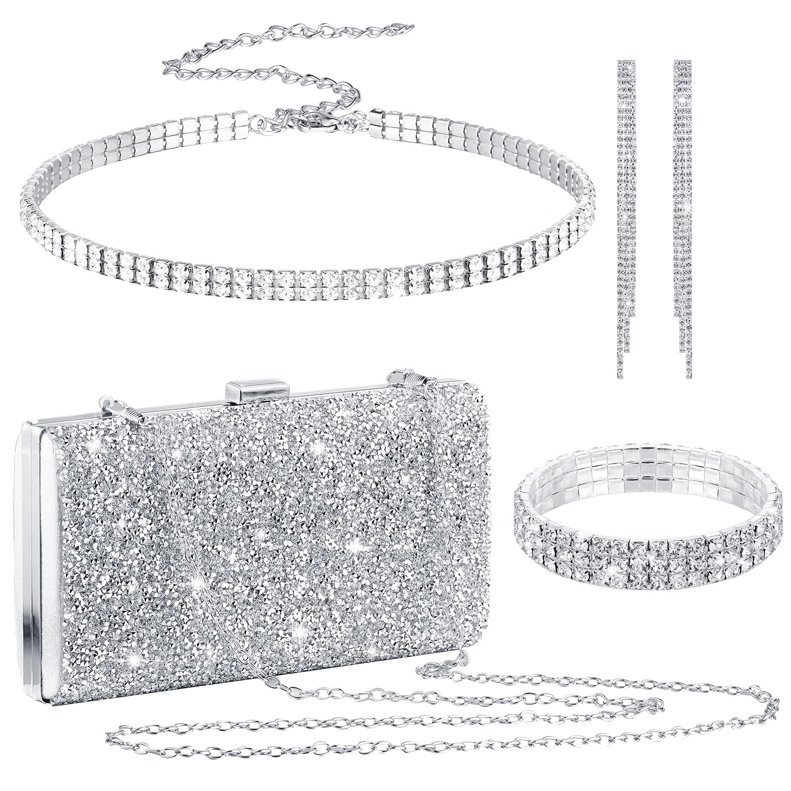 Kigeli 4 Pieces Women Rhinestone Evening Clutch Bag Bling Earring Necklace Bracelet for Wedding Graduation Prom Silver