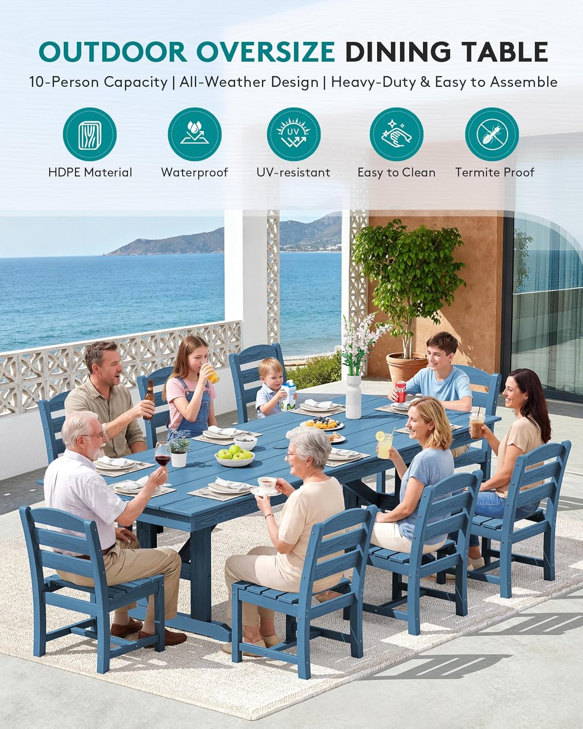 SERWALL 9 Piece Outdoor Dining Set, 84" HDPE Outdoor Table and Armless Chairs Set for 8，All Weather Patio Furniture Set with Umbrella Hole for Backyard, Garden, Blue