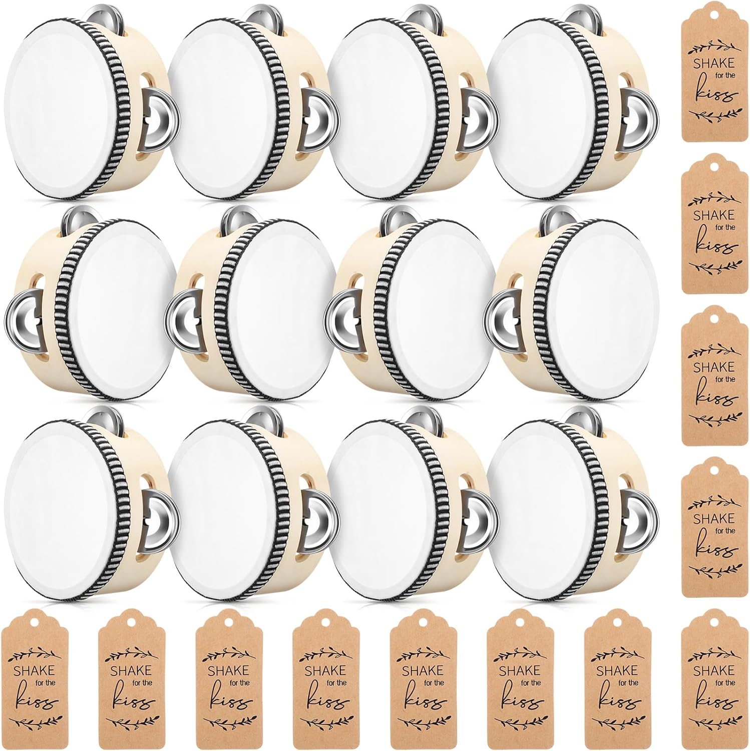 Boao 12 Sets 6 Inch Wedding Tambourines for Adults Wooden Hand Held Drum Metal Jingles with Tags Rope Percussion Musical Instrument for Church Wedding Party Favor