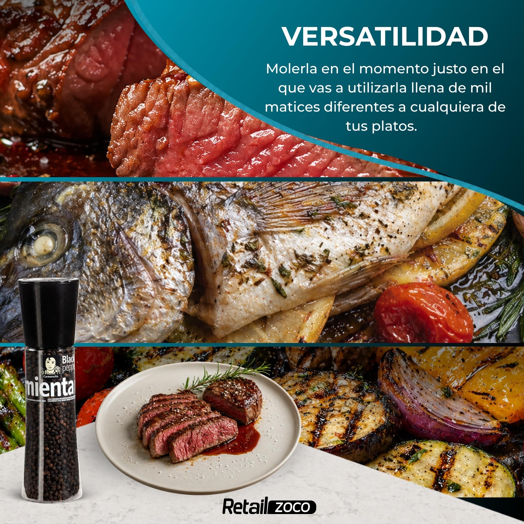 Pimienta Negra Carmencita en grano, Formato molinillo gigante, Para moler al momento y potenciar el sabor debplatos con un toque aromático, cálido y ligeramente picante, Contiene 2 unidades de 190 g