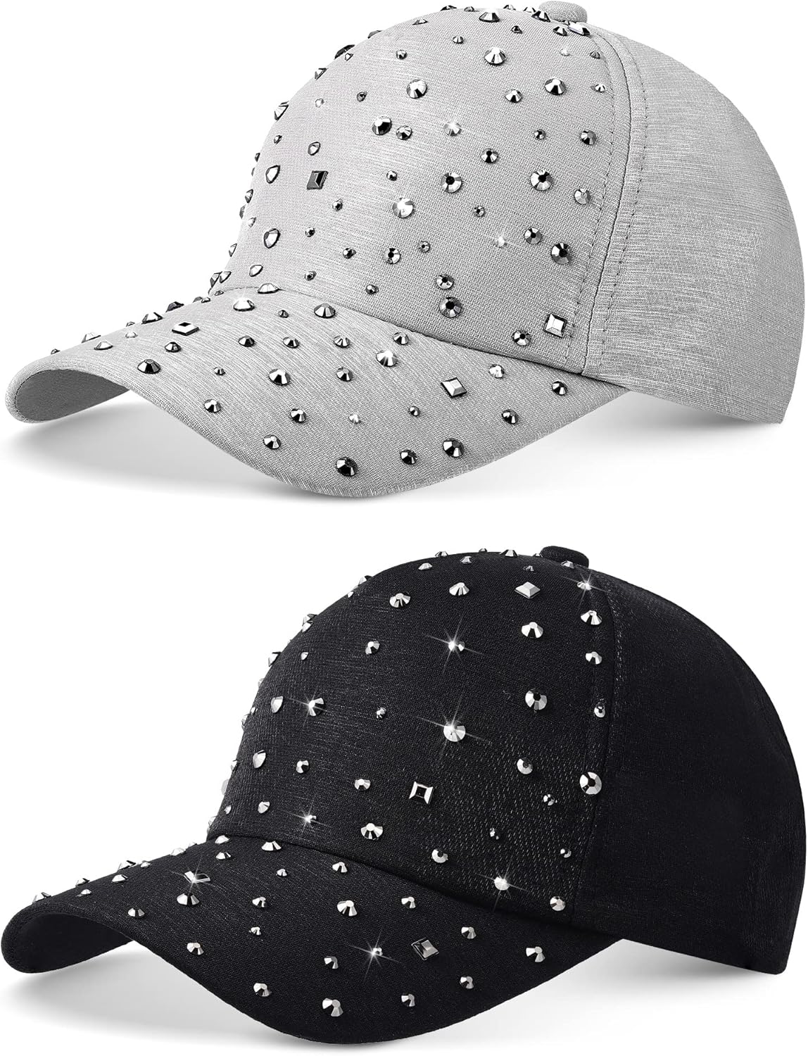 Loopeer 2 Pcs Adjustable Breathable Rhinestone Baseball Cap for Women Men Sequins Casual Sports Cap Rhinestone Hat
